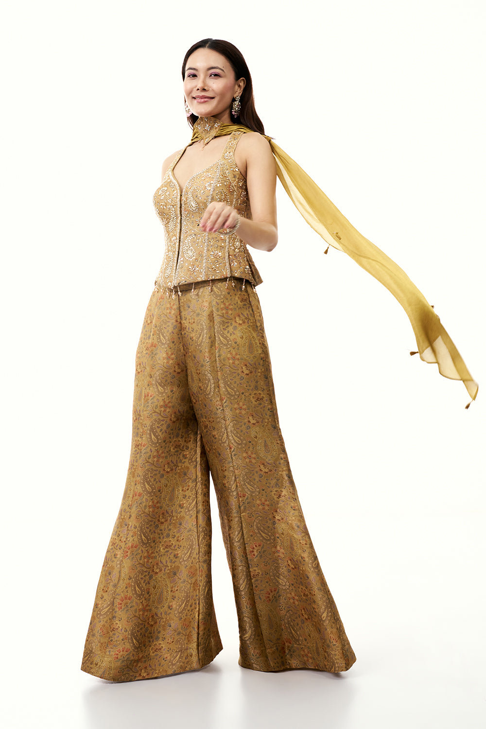 Mustard Art Silk Palazzo Set with Zardosi and Mirror Work