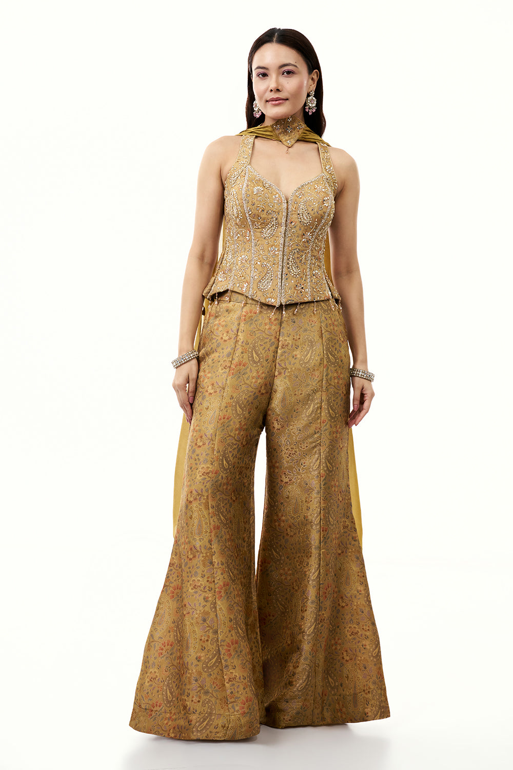 Mustard Art Silk Palazzo Set with Zardosi and Mirror Work