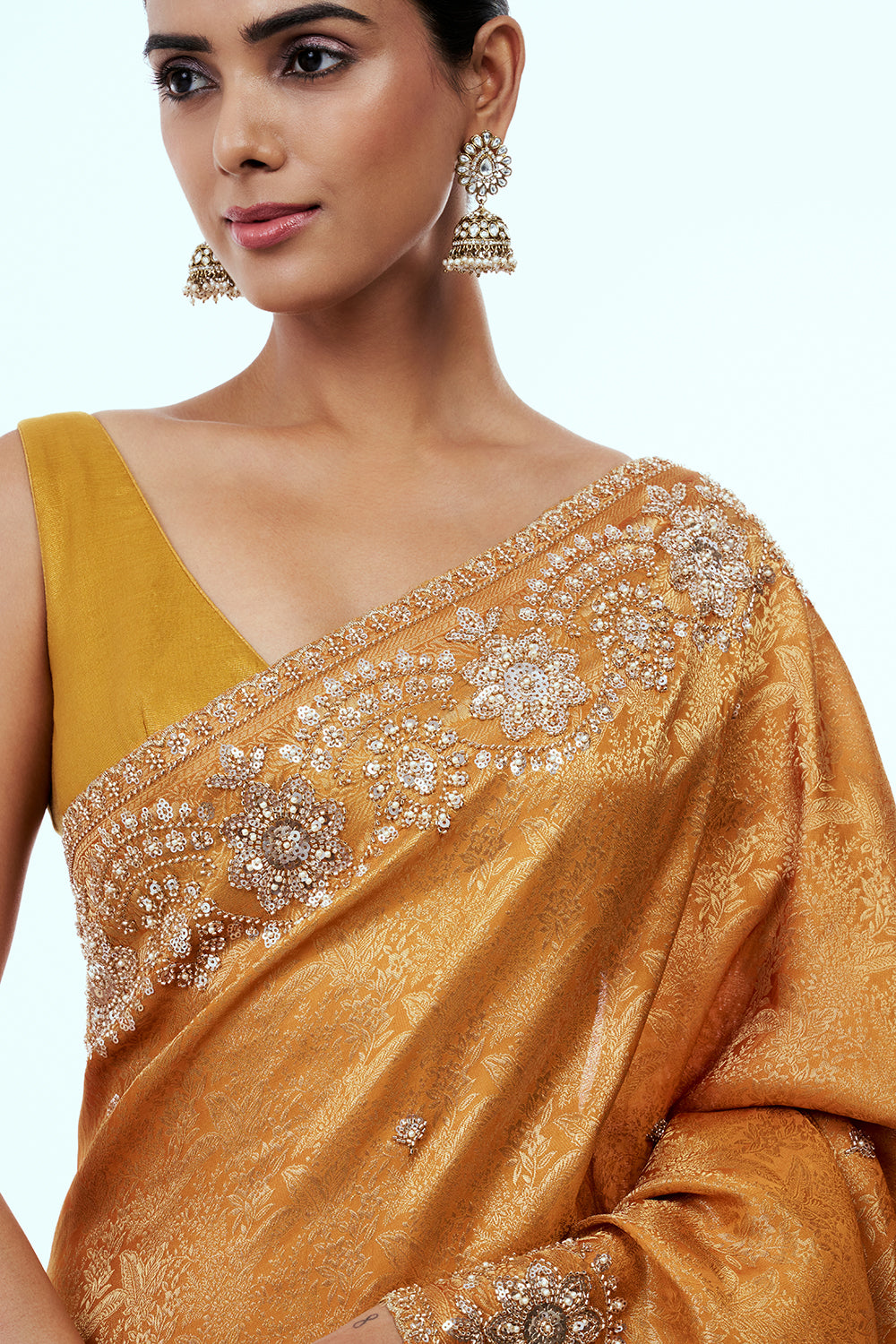 Mustard Brocade Silk Embellished Saree with Bead Work
