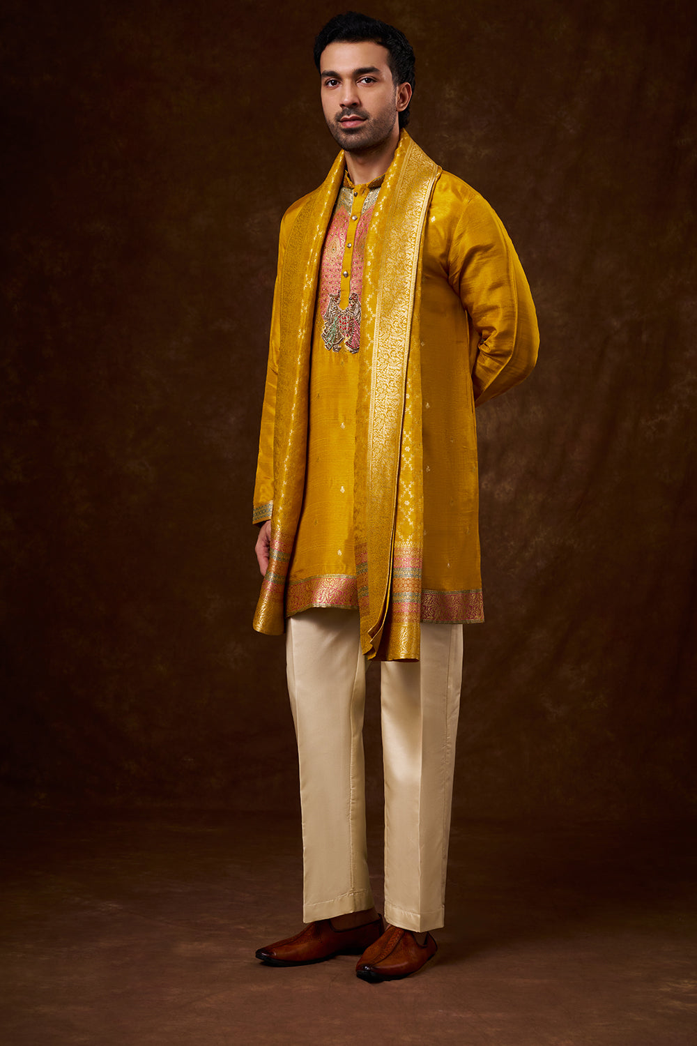 Mustard Brocade Silk Men's Kurta Set with Zardozi Work