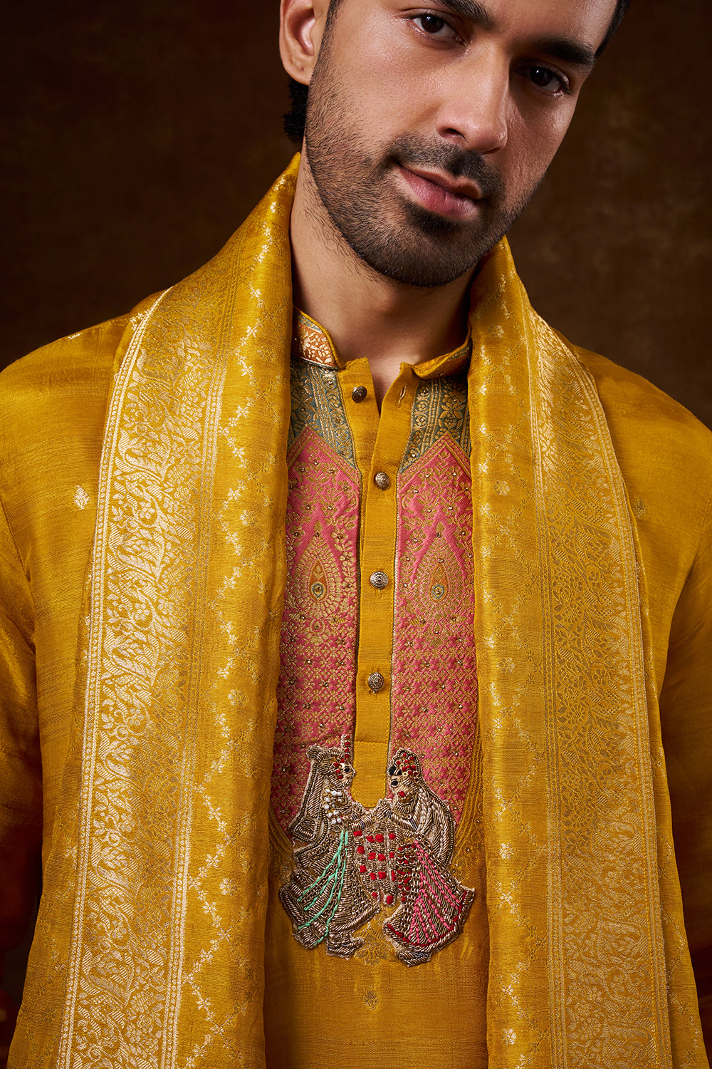 Mustard Brocade Silk Men's Kurta Set with Zardozi Work
