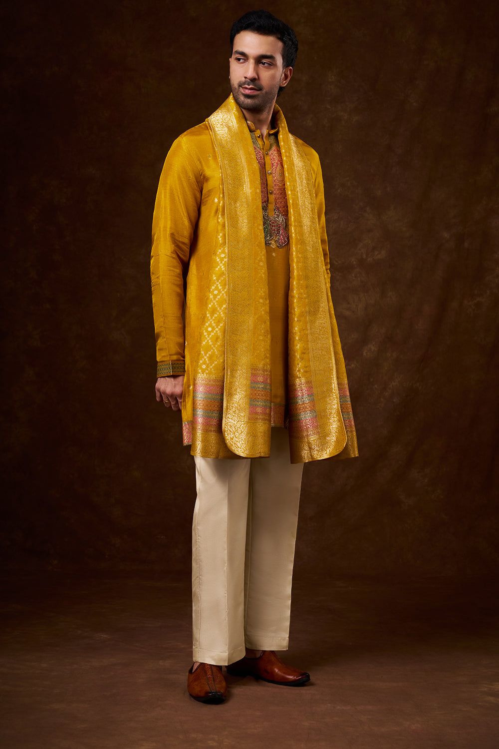 Mustard Brocade Silk Men's Kurta Set with Zardozi Work