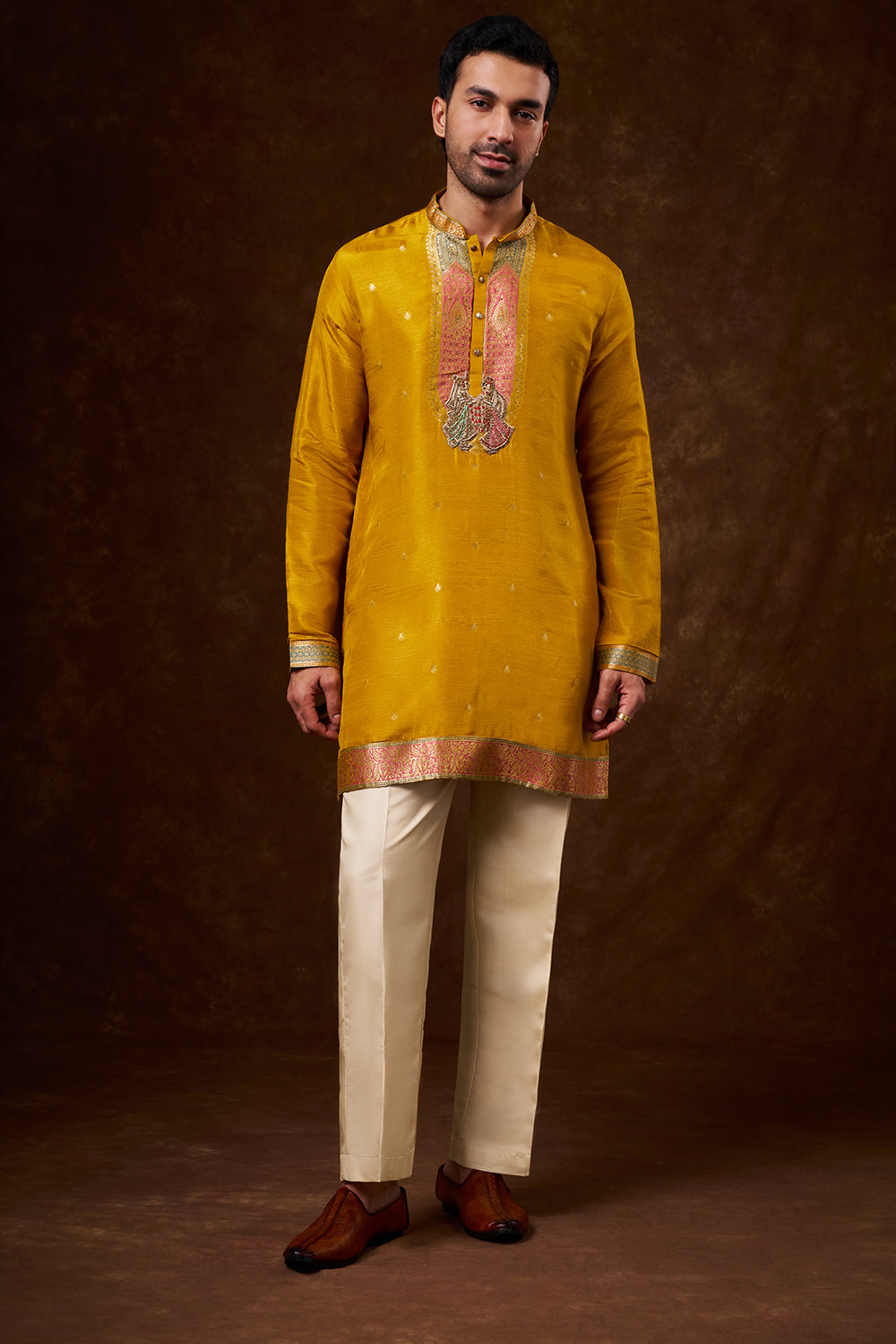 Mustard Brocade Silk Men's Kurta Set with Zardozi Work