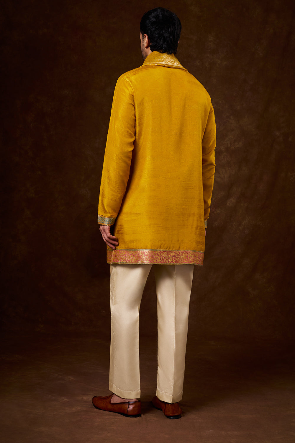 Mustard Brocade Silk Men's Kurta Set with Zardozi Work