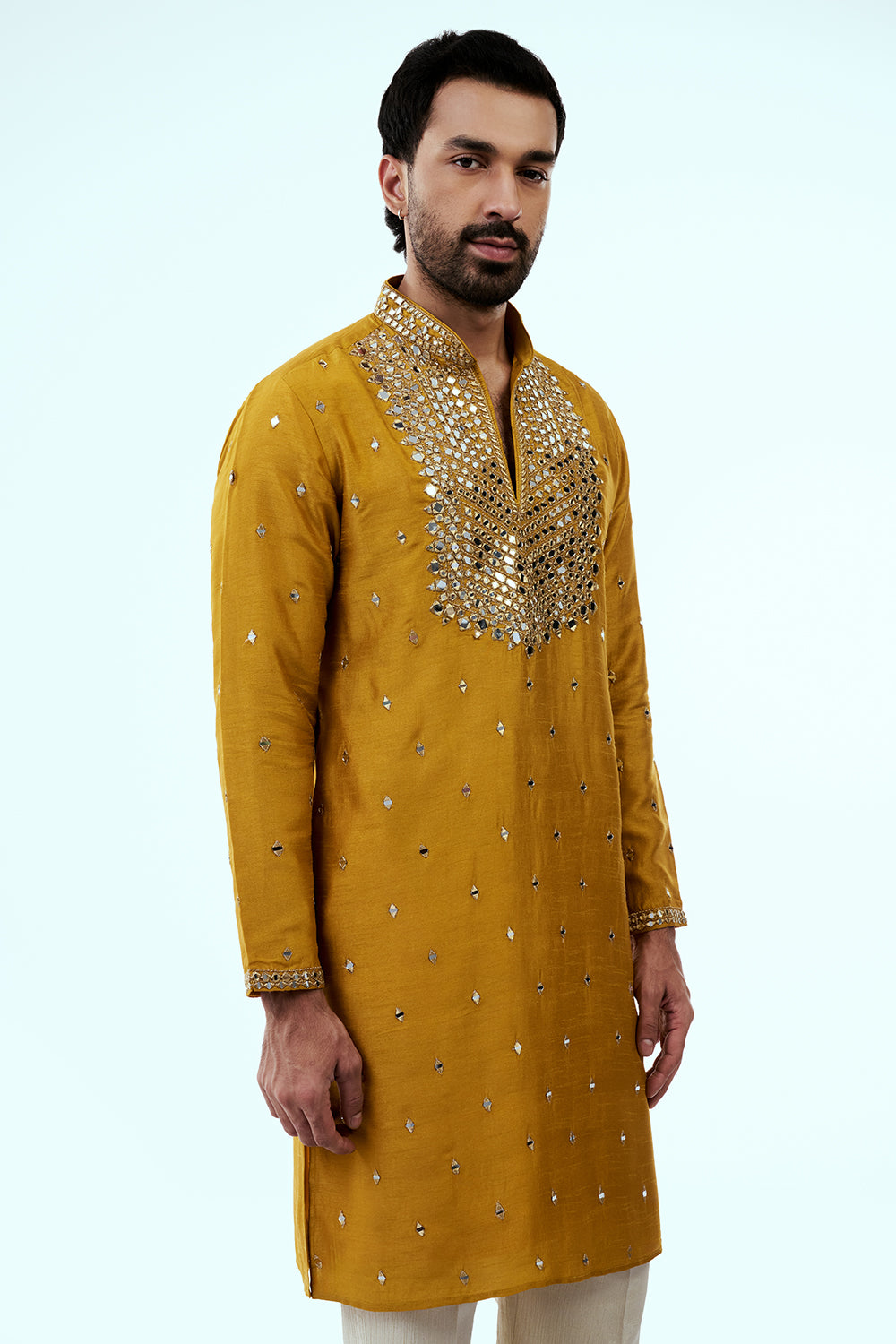 Mustard Chanderi Silk Mens Kurta Set with Mirror Work