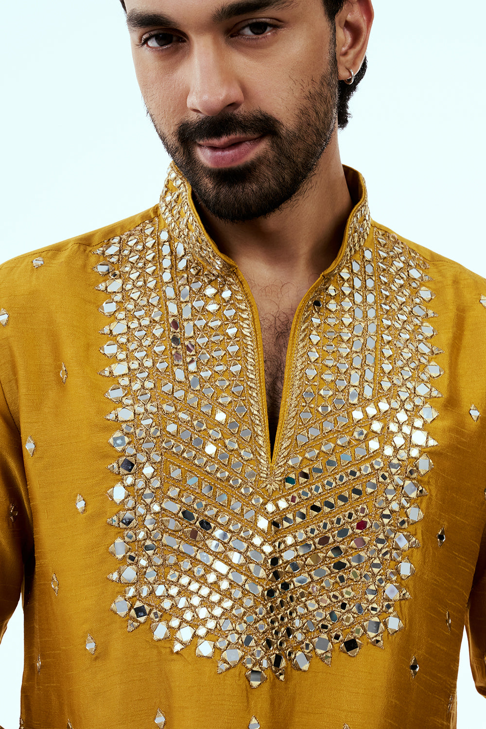 Mustard Chanderi Silk Mens Kurta Set with Mirror Work