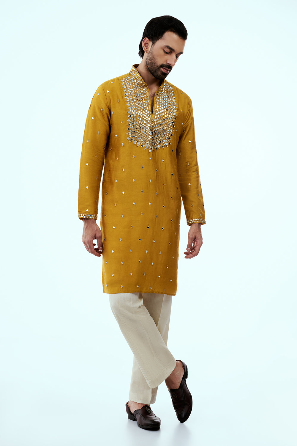 Mustard Chanderi Silk Mens Kurta Set with Mirror Work
