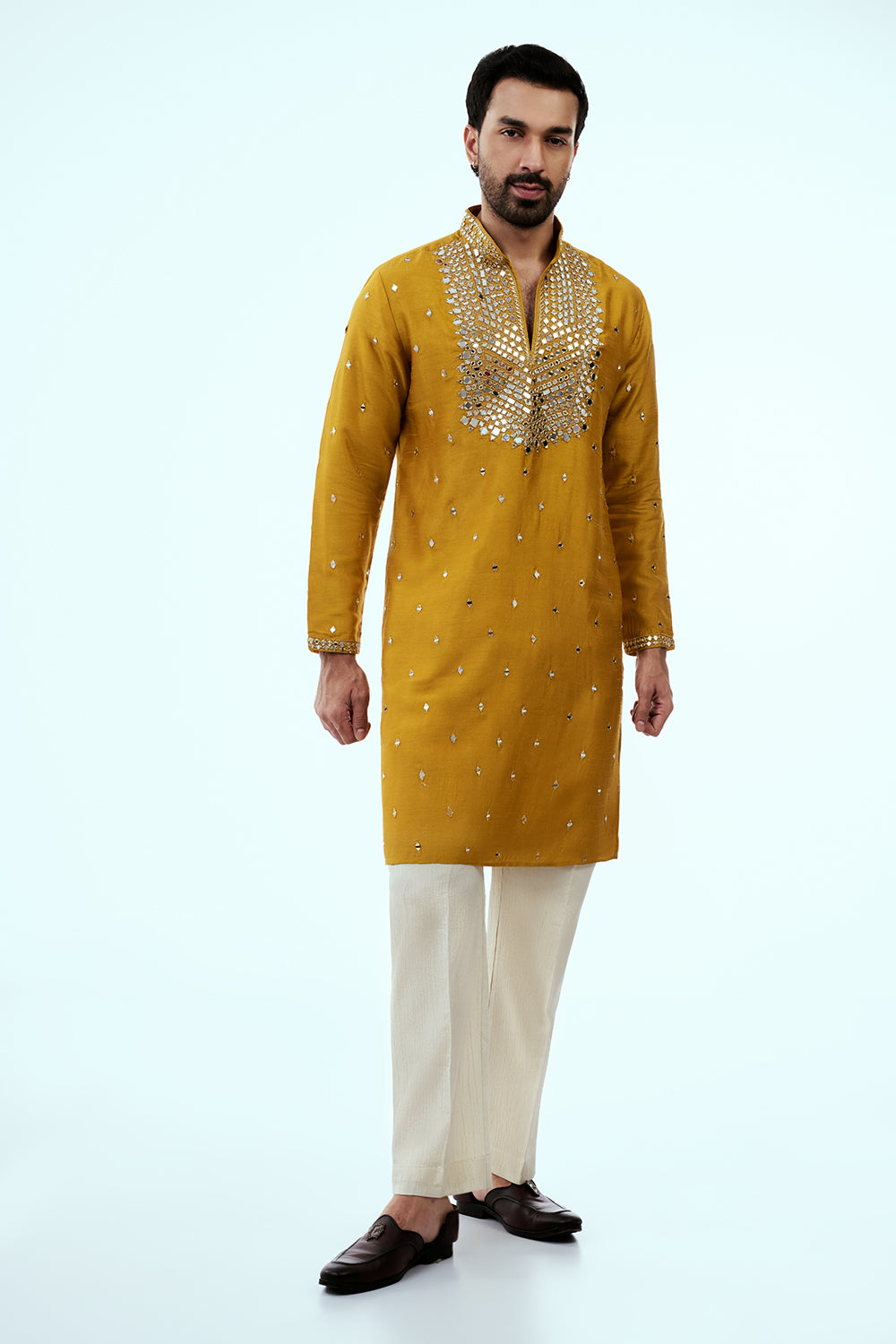 Mustard Chanderi Silk Mens Kurta Set with Mirror Work