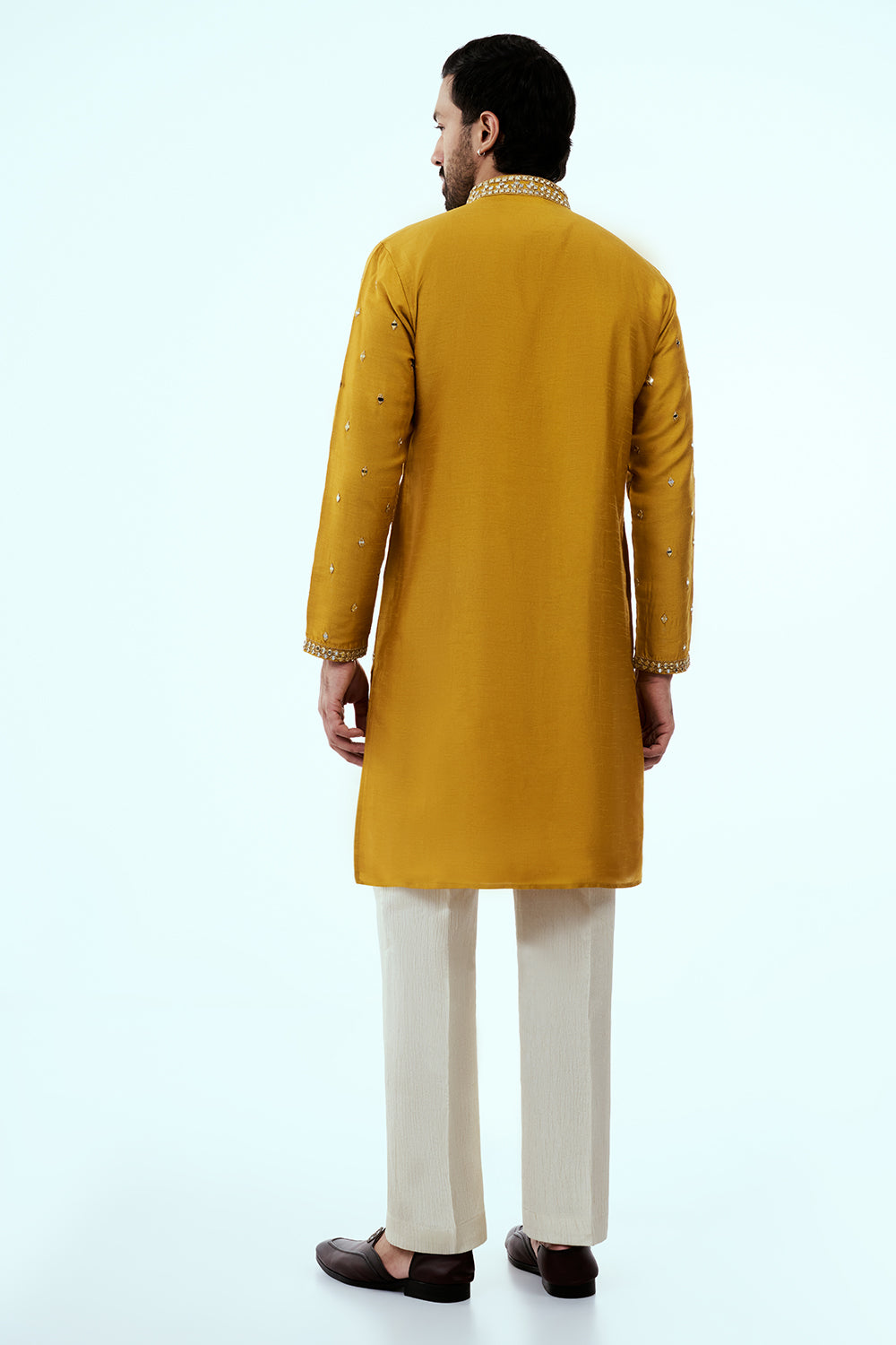 Mustard Chanderi Silk Mens Kurta Set with Mirror Work