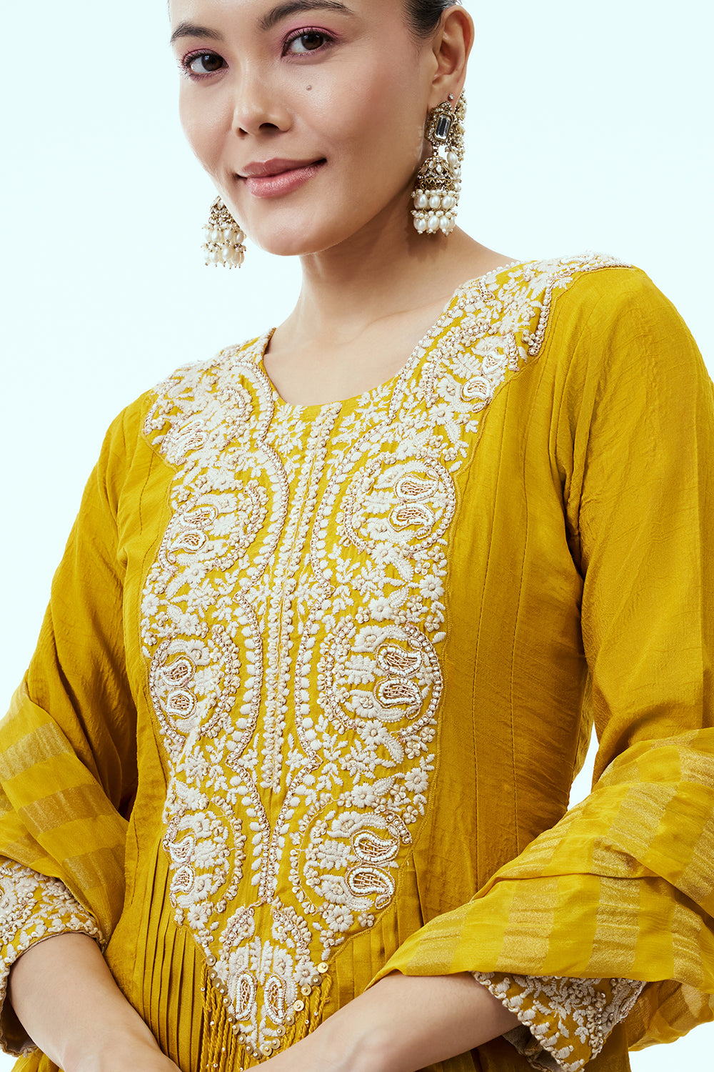 Mustard Cotton Silk Anarkali with Threadwork Embroidery and Dupatta