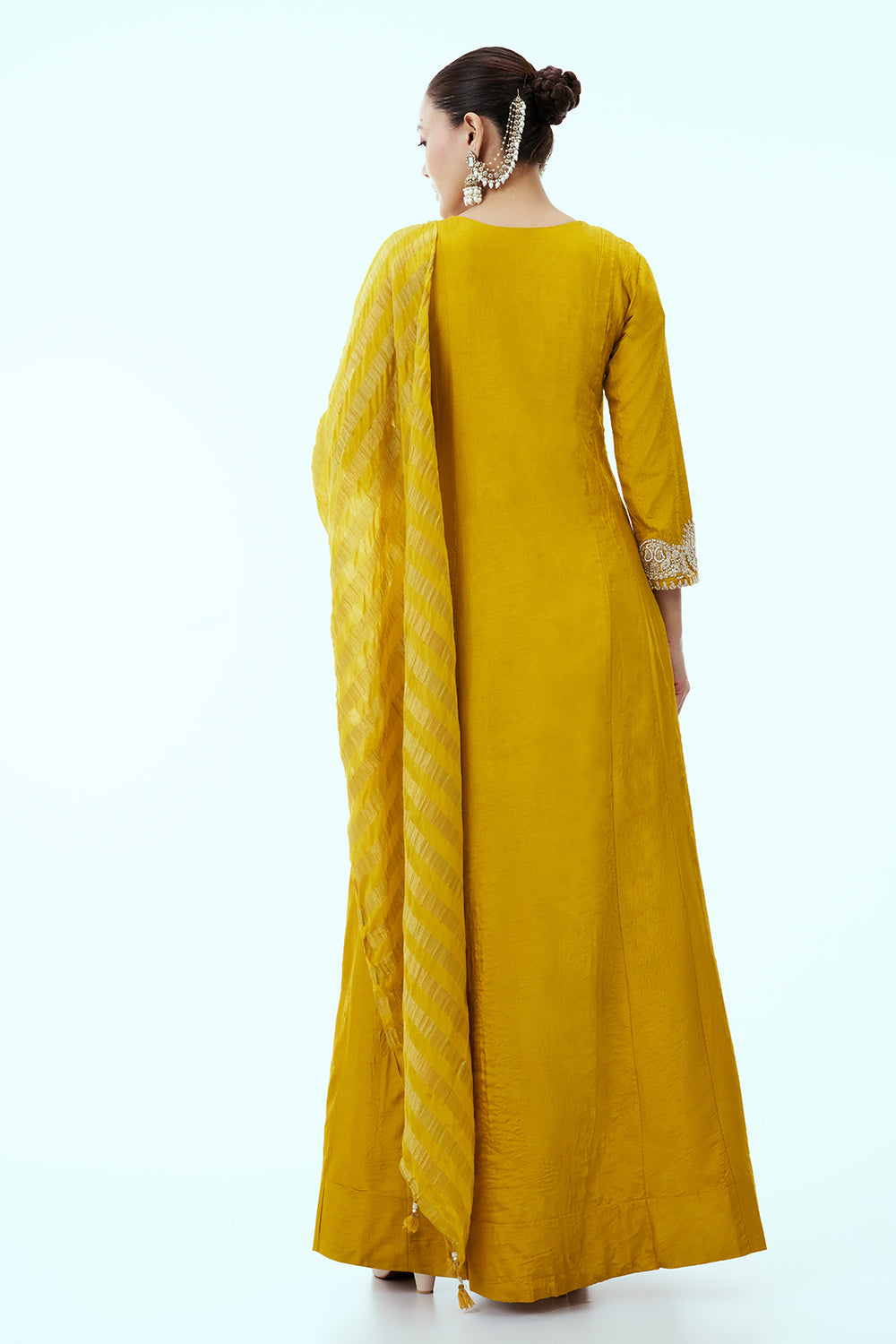 Mustard Cotton Silk Anarkali with Threadwork Embroidery and Dupatta