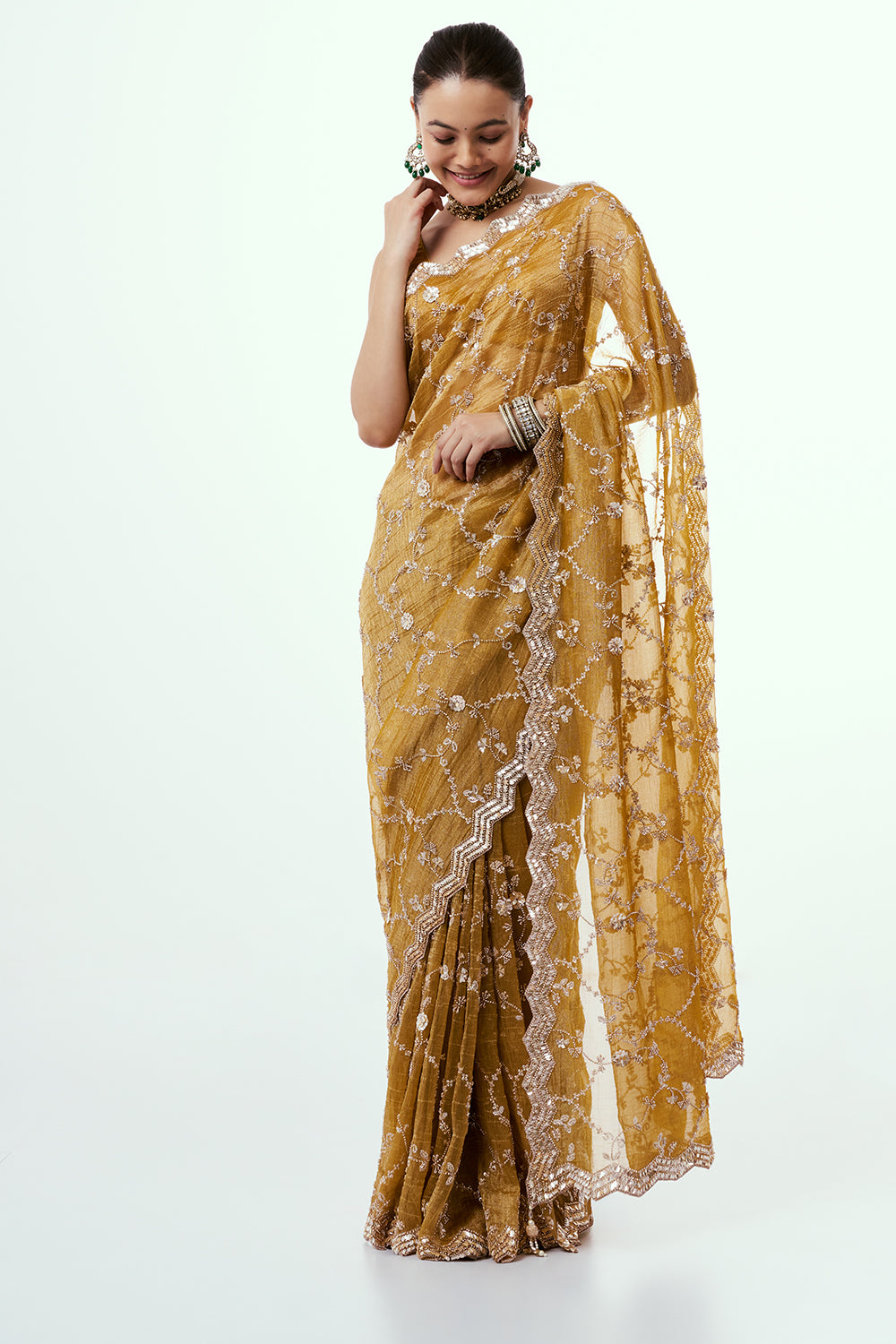 Mustard Crush Organza Saree with Cutdana Jaal