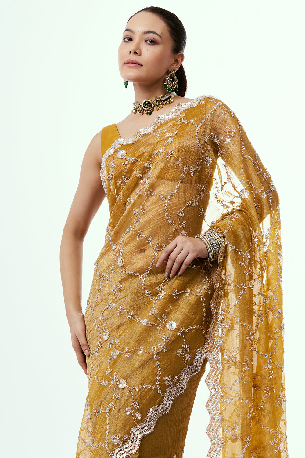 Mustard Crush Organza Saree with Cutdana Jaal