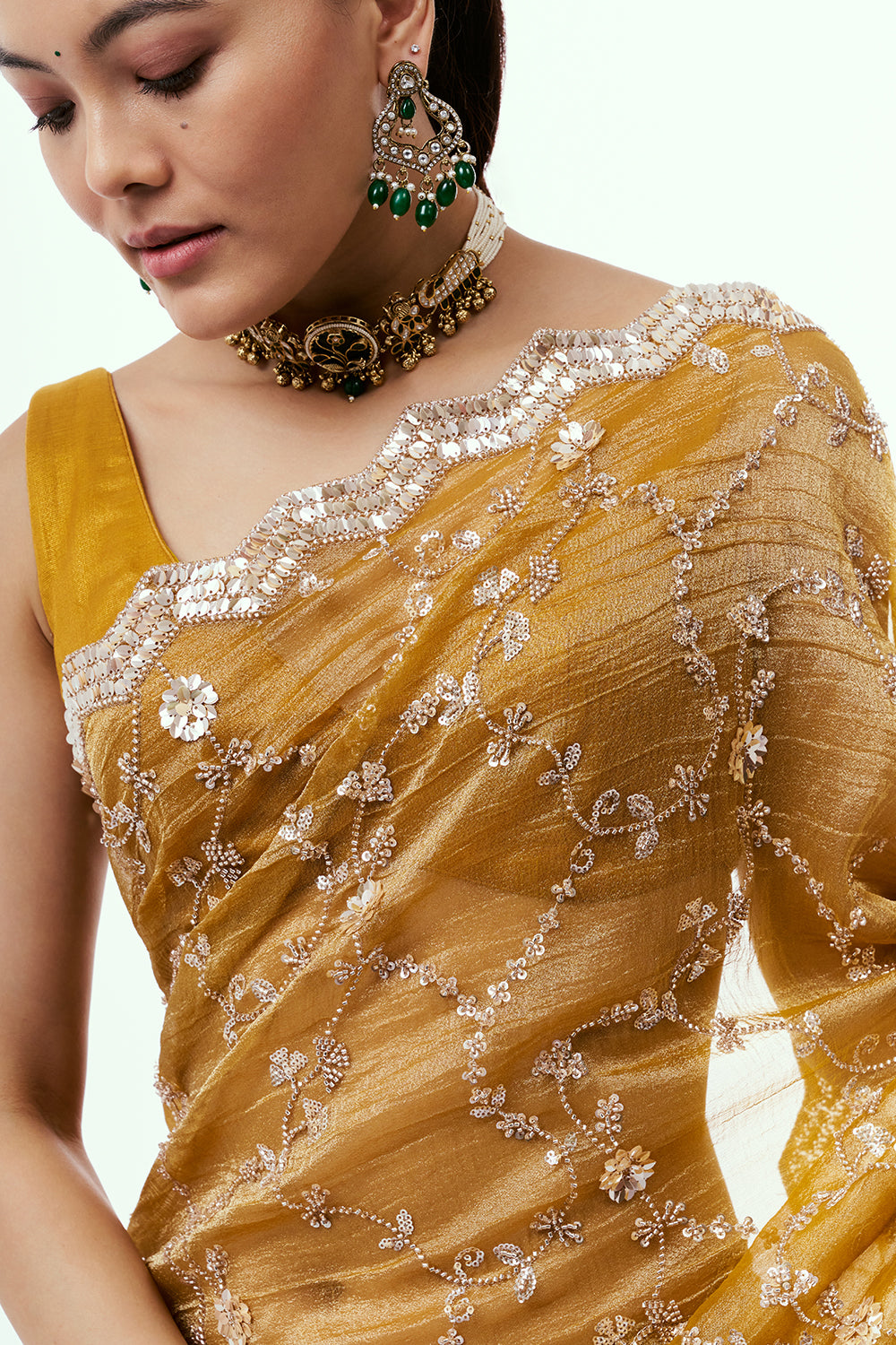 Mustard Crush Organza Saree with Cutdana Jaal