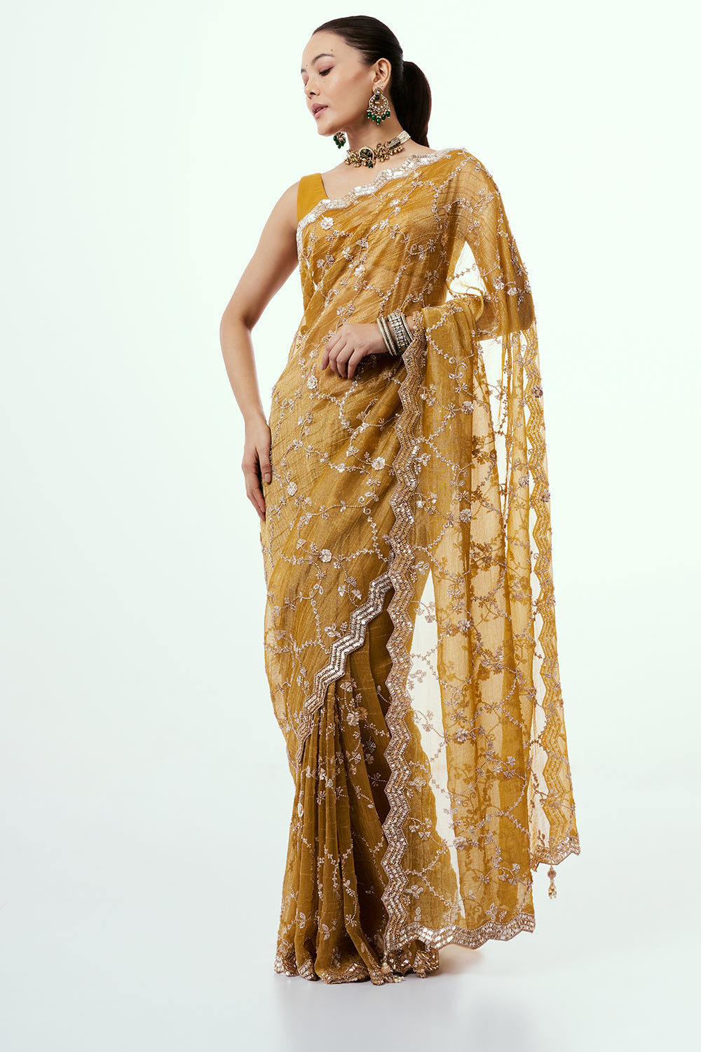 Mustard Crush Organza Saree with Cutdana Jaal