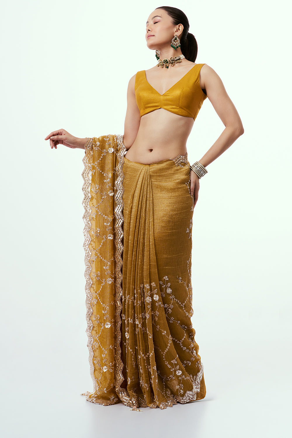 Mustard Crush Organza Saree with Cutdana Jaal