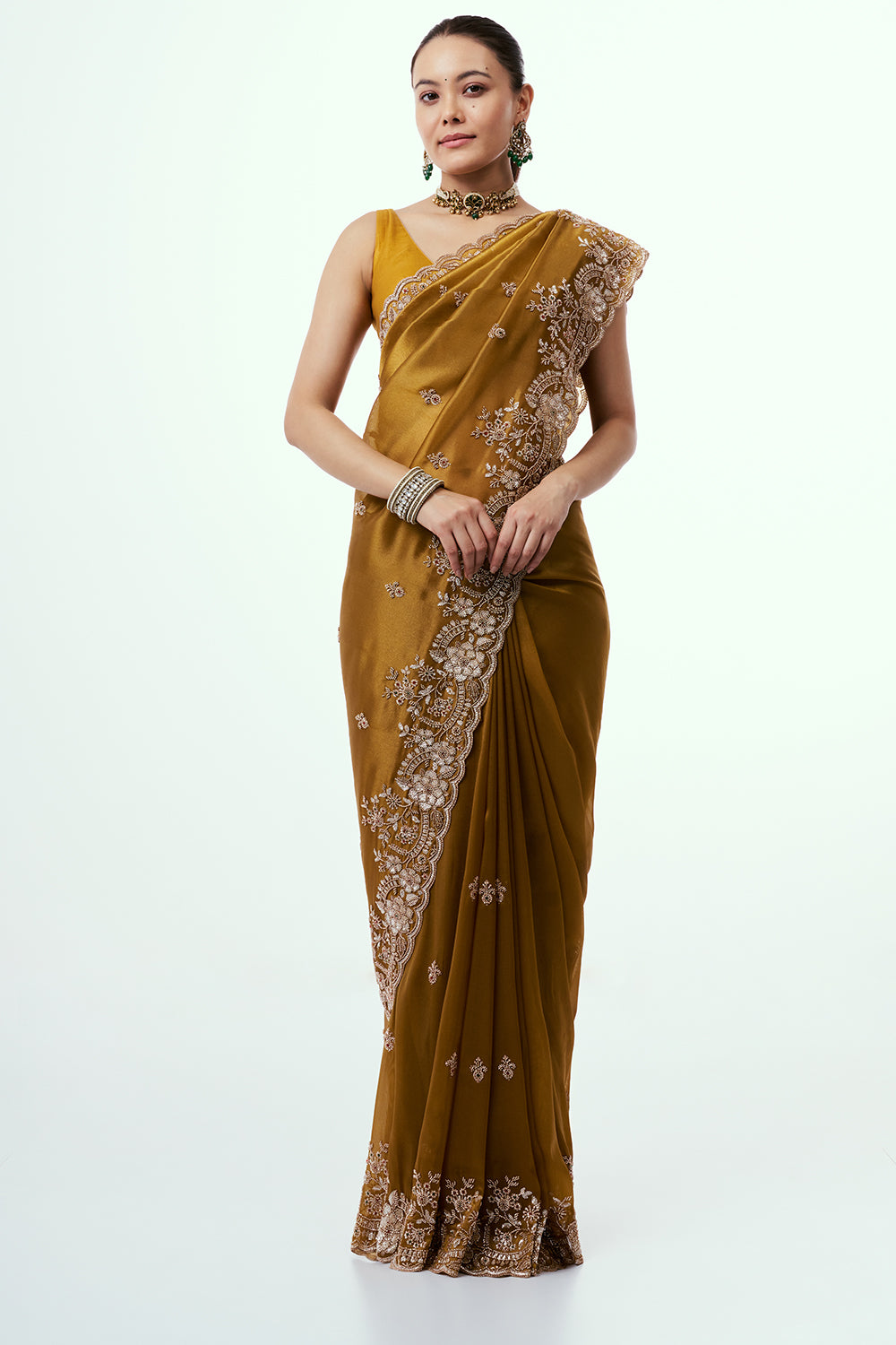 Mustard Golden Shimmer Zari Tissue Saree with Cutdana Work and Unstitched Blouse