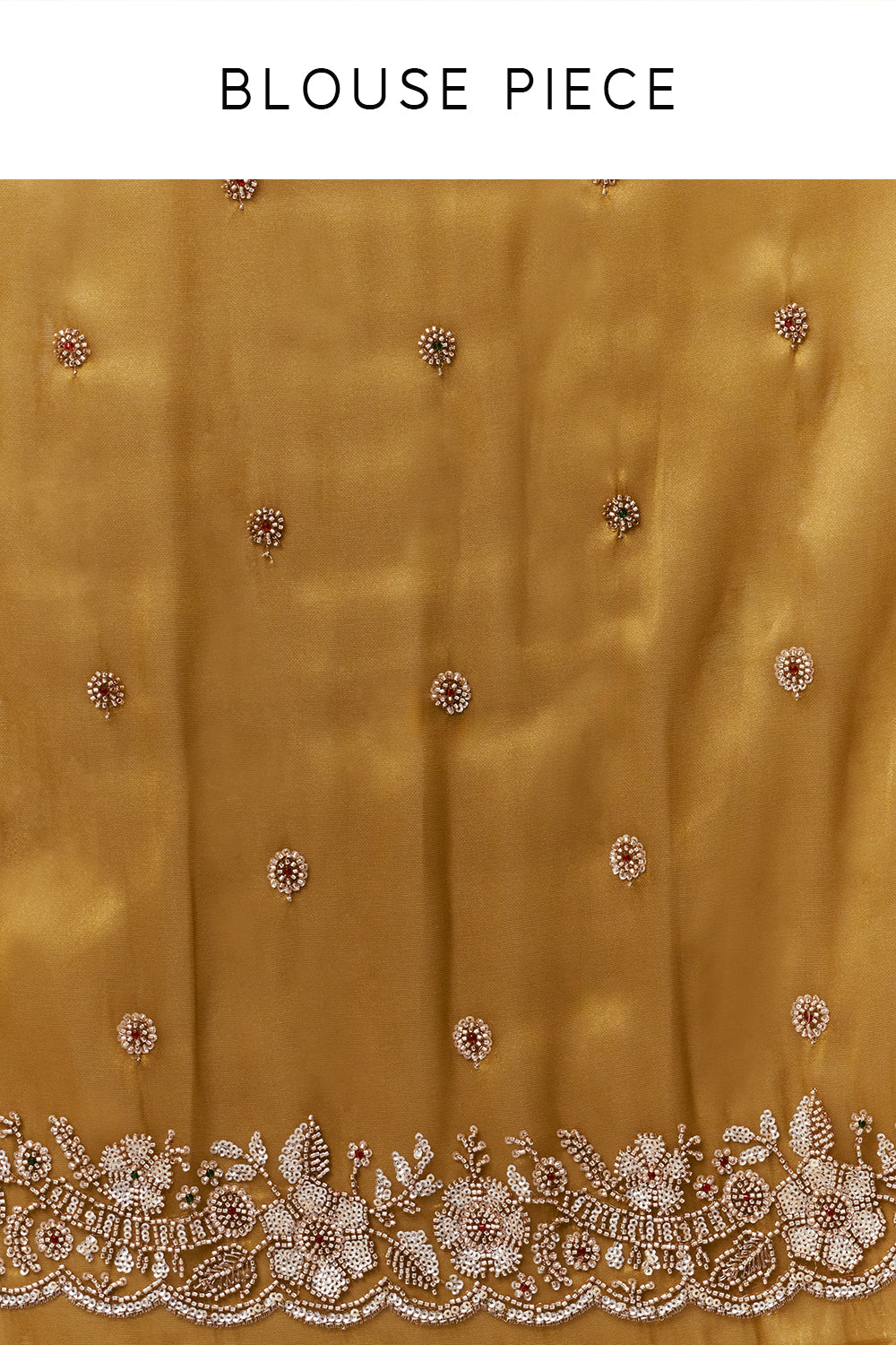 Mustard Golden Shimmer Zari Tissue Saree with Cutdana Work and Unstitched Blouse