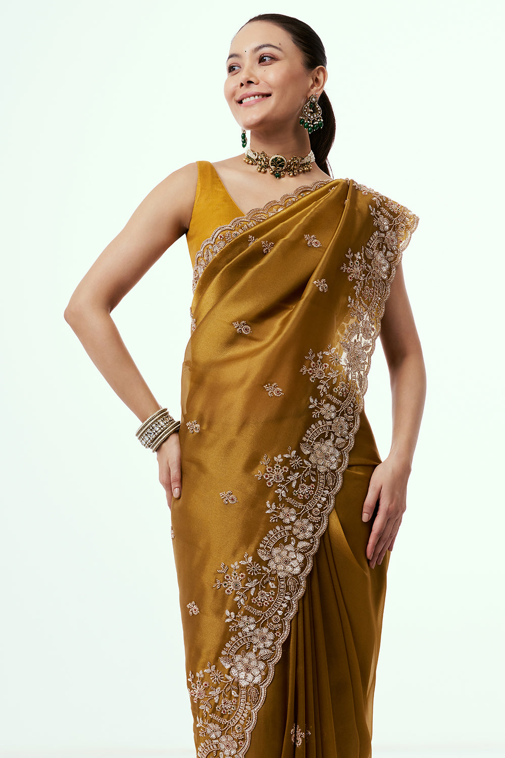 Mustard Golden Shimmer Zari Tissue Saree with Cutdana Work and Unstitched Blouse