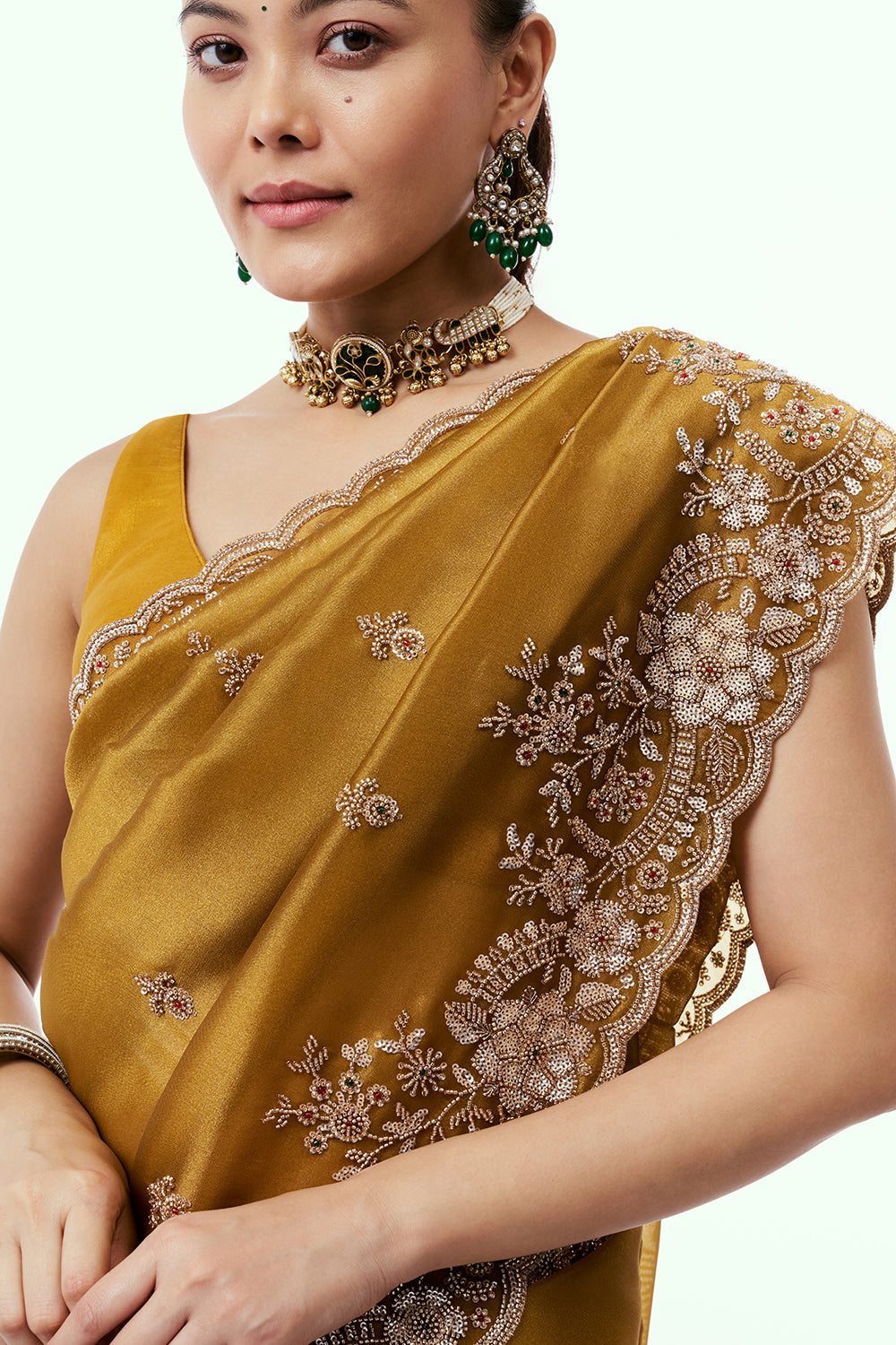 Mustard Golden Shimmer Zari Tissue Saree with Cutdana Work and Unstitched Blouse