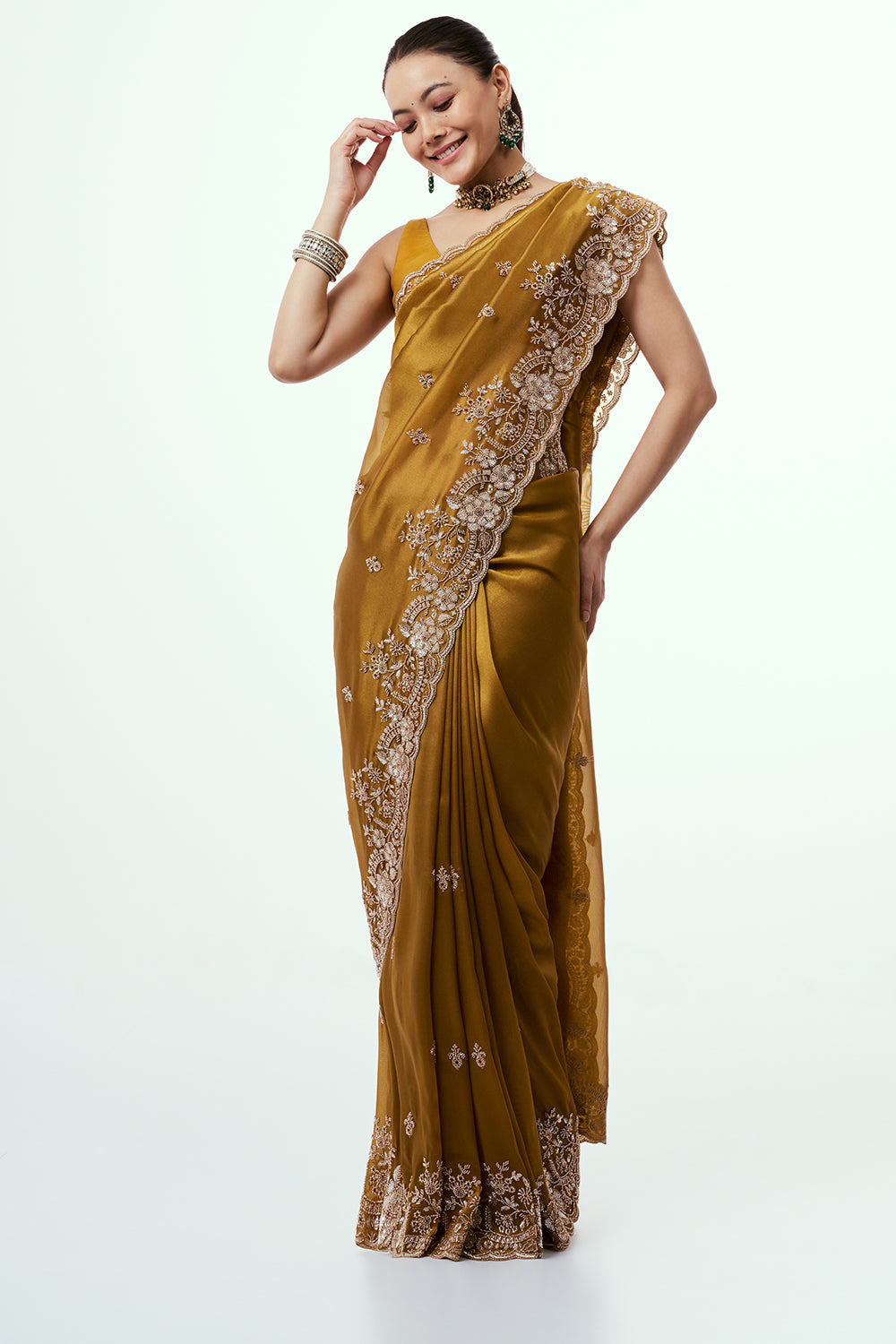 Mustard Golden Shimmer Zari Tissue Saree with Cutdana Work and Unstitched Blouse