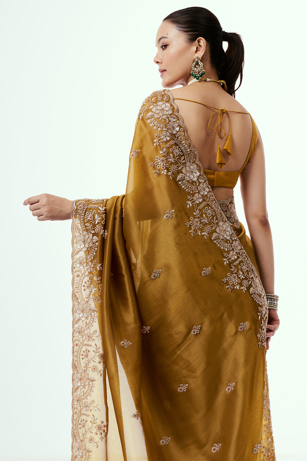 Mustard Golden Shimmer Zari Tissue Saree with Cutdana Work and Unstitched Blouse