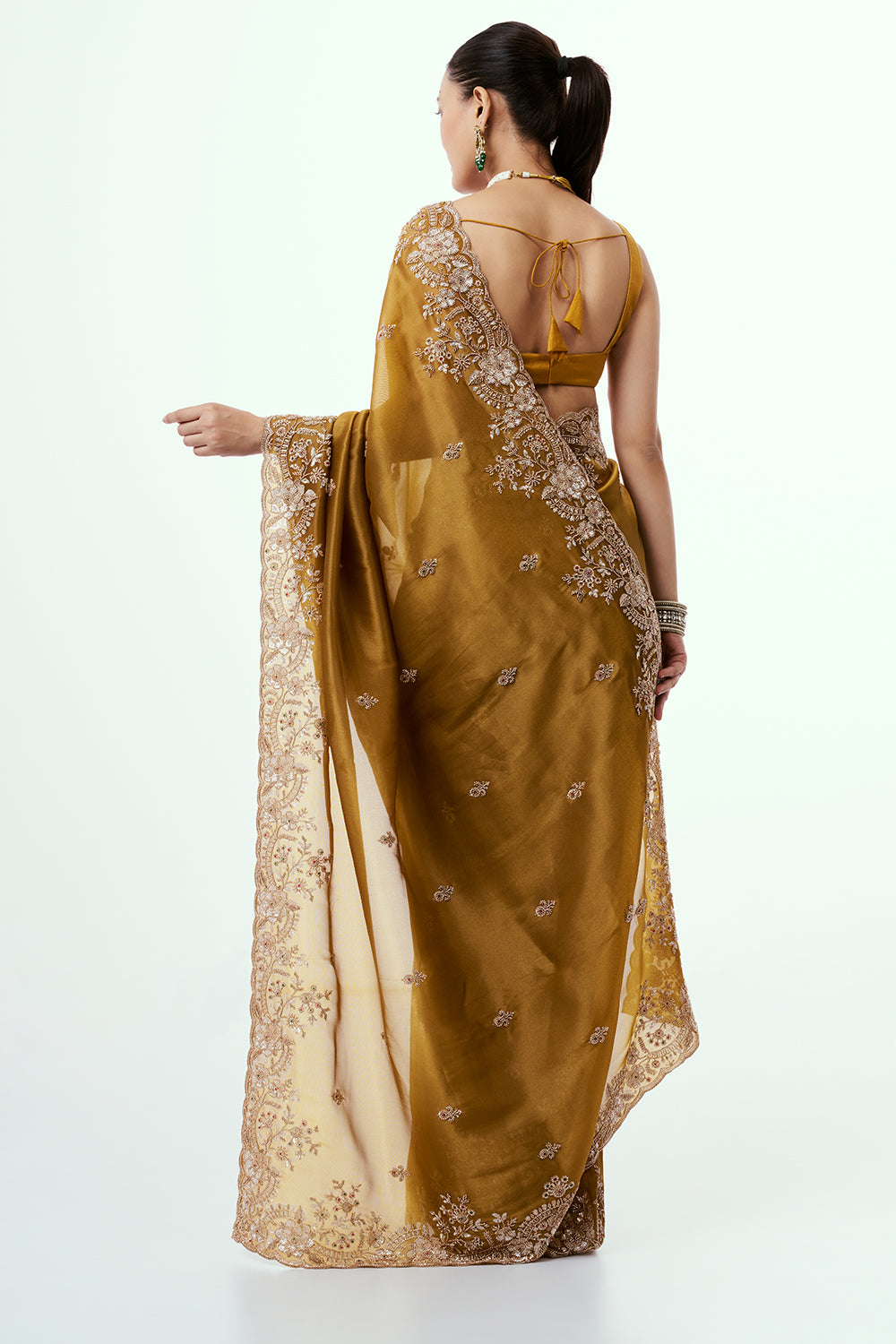 Mustard Golden Shimmer Zari Tissue Saree with Cutdana Work and Unstitched Blouse