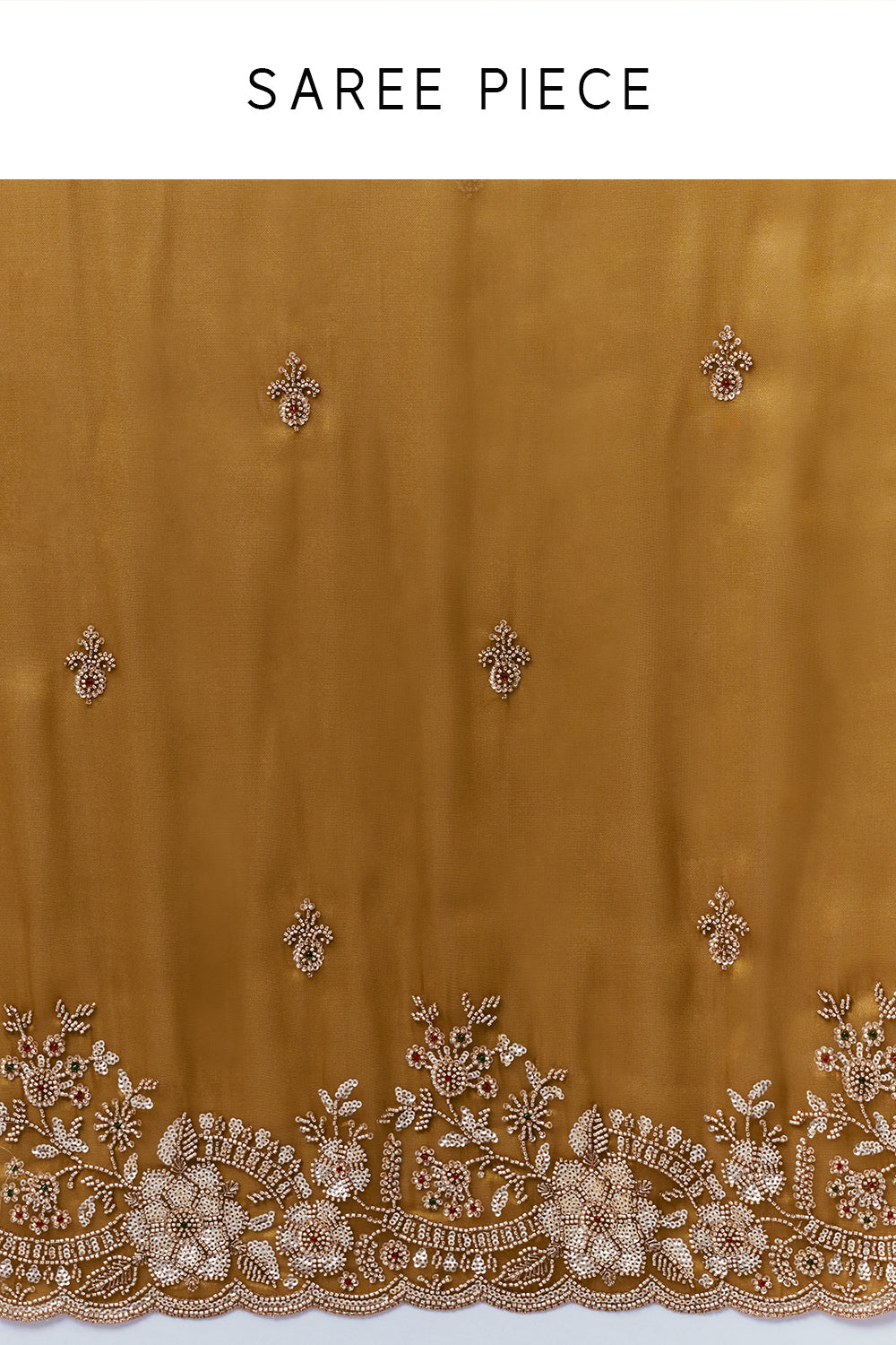 Mustard Golden Shimmer Zari Tissue Saree with Cutdana Work and Unstitched Blouse