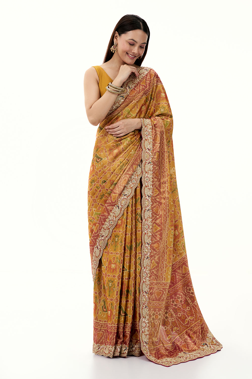 Mustard Patola Printed Tissue Silk Saree with Zari Work