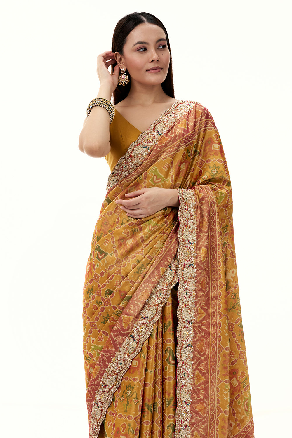 Mustard Patola Printed Tissue Silk Saree with Zari Work