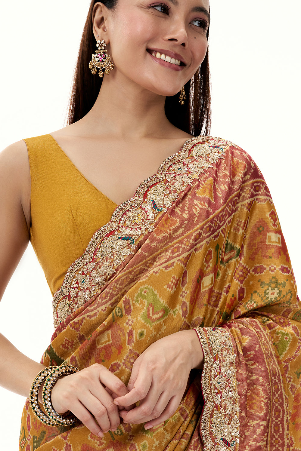 Mustard Patola Printed Tissue Silk Saree with Zari Work