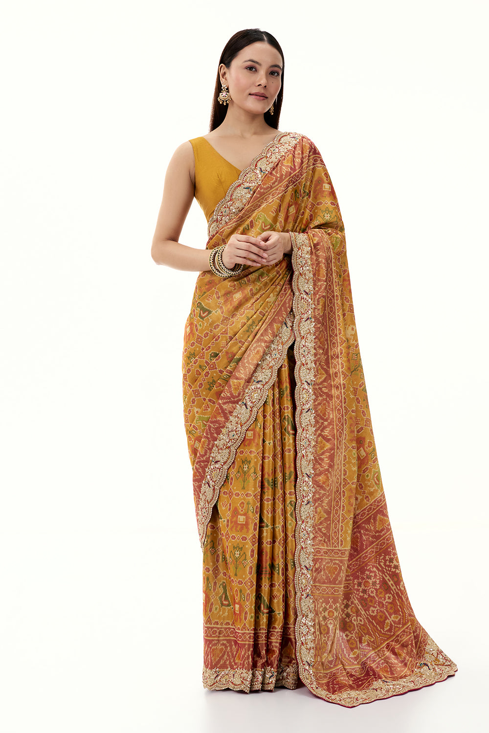 Mustard Patola Printed Tissue Silk Saree with Zari Work