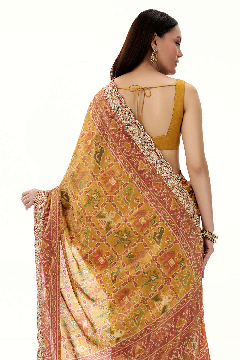 Mustard Patola Printed Tissue Silk Saree with Zari Work