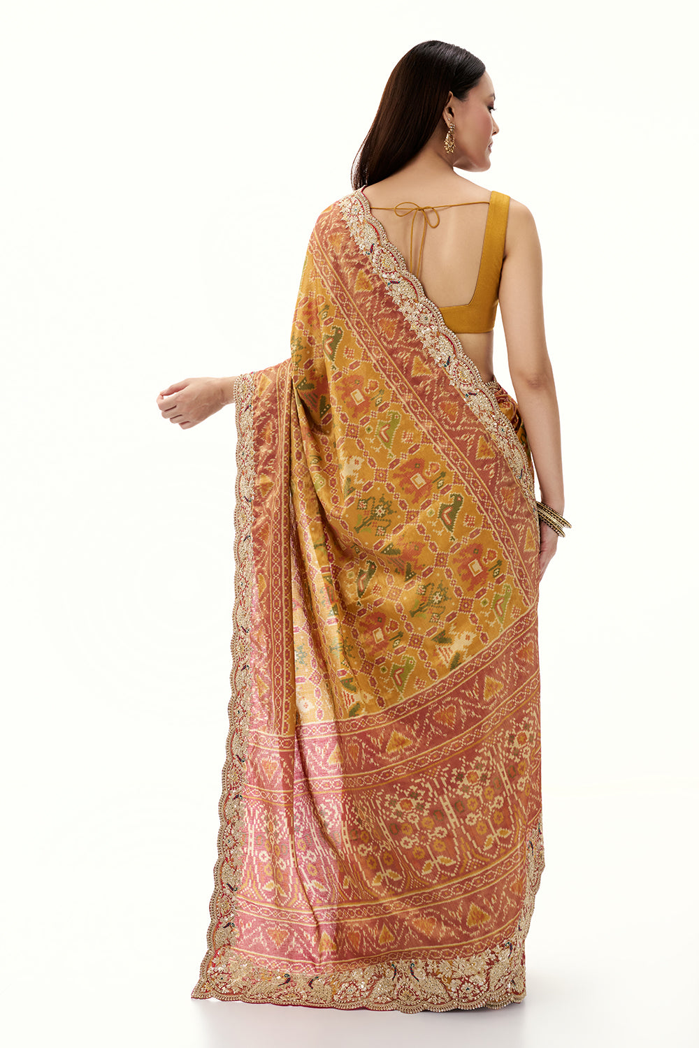 Mustard Patola Printed Tissue Silk Saree with Zari Work