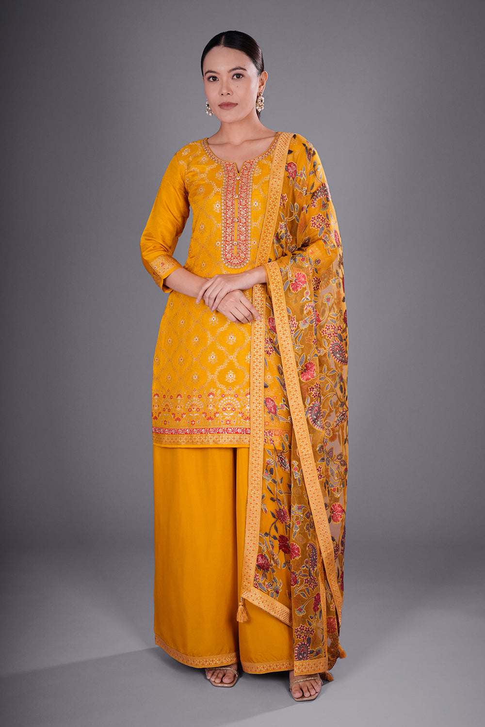 Mustard Pure Silk Banarasi Kurta Set with Resham Embroidery