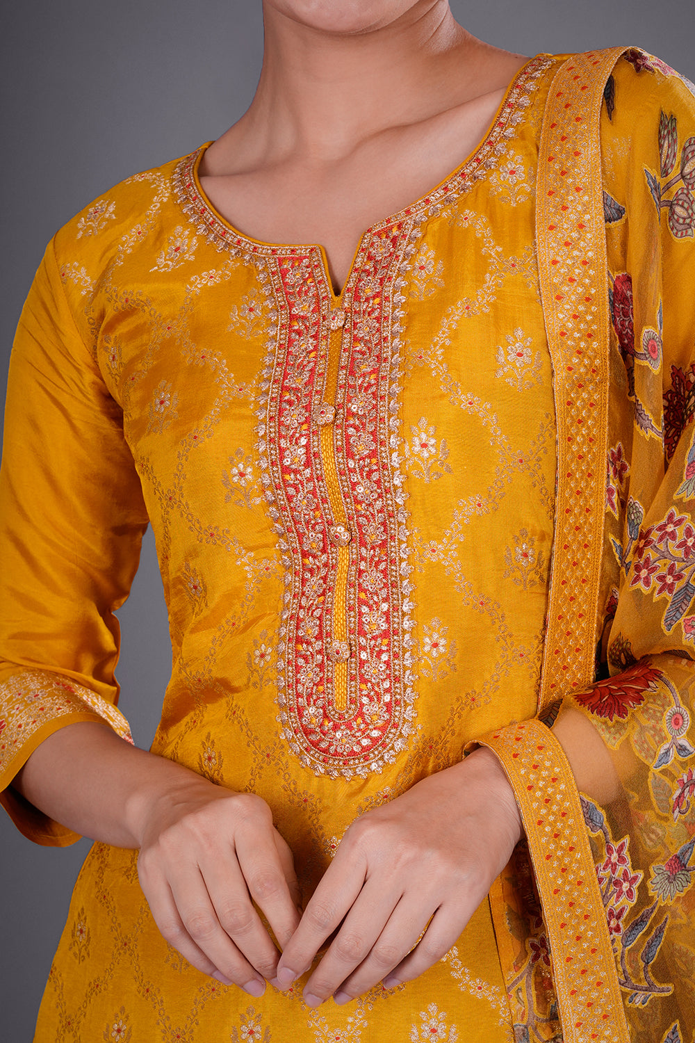 Mustard Pure Silk Banarasi Kurta Set with Resham Embroidery