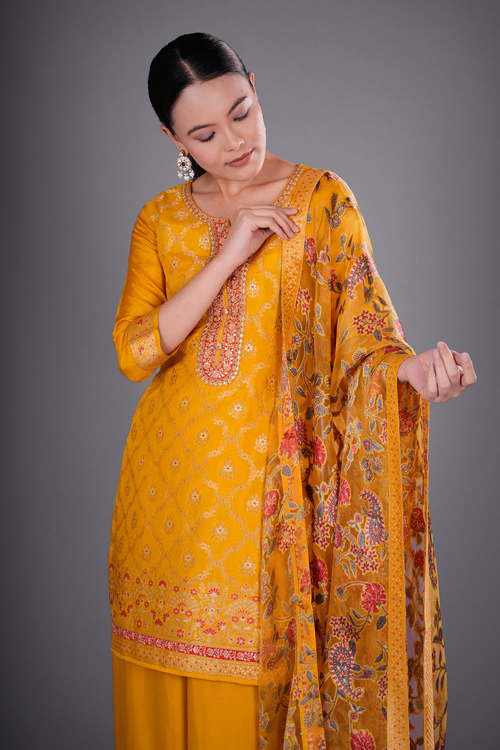 Mustard Pure Silk Banarasi Kurta Set with Resham Embroidery