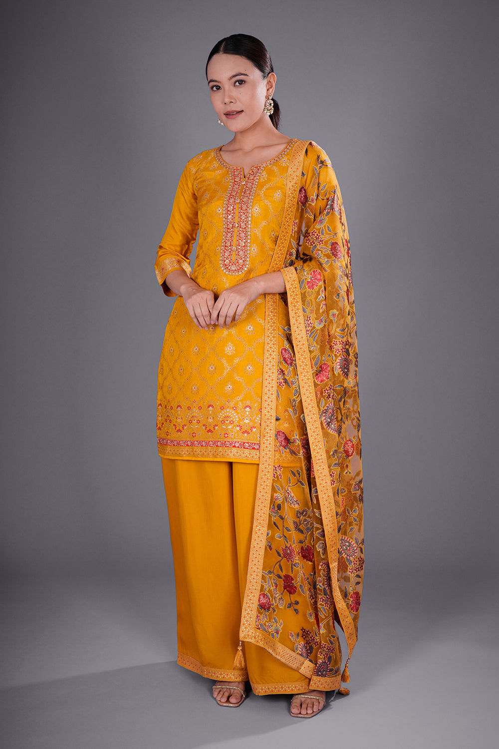 Mustard Pure Silk Banarasi Kurta Set with Resham Embroidery