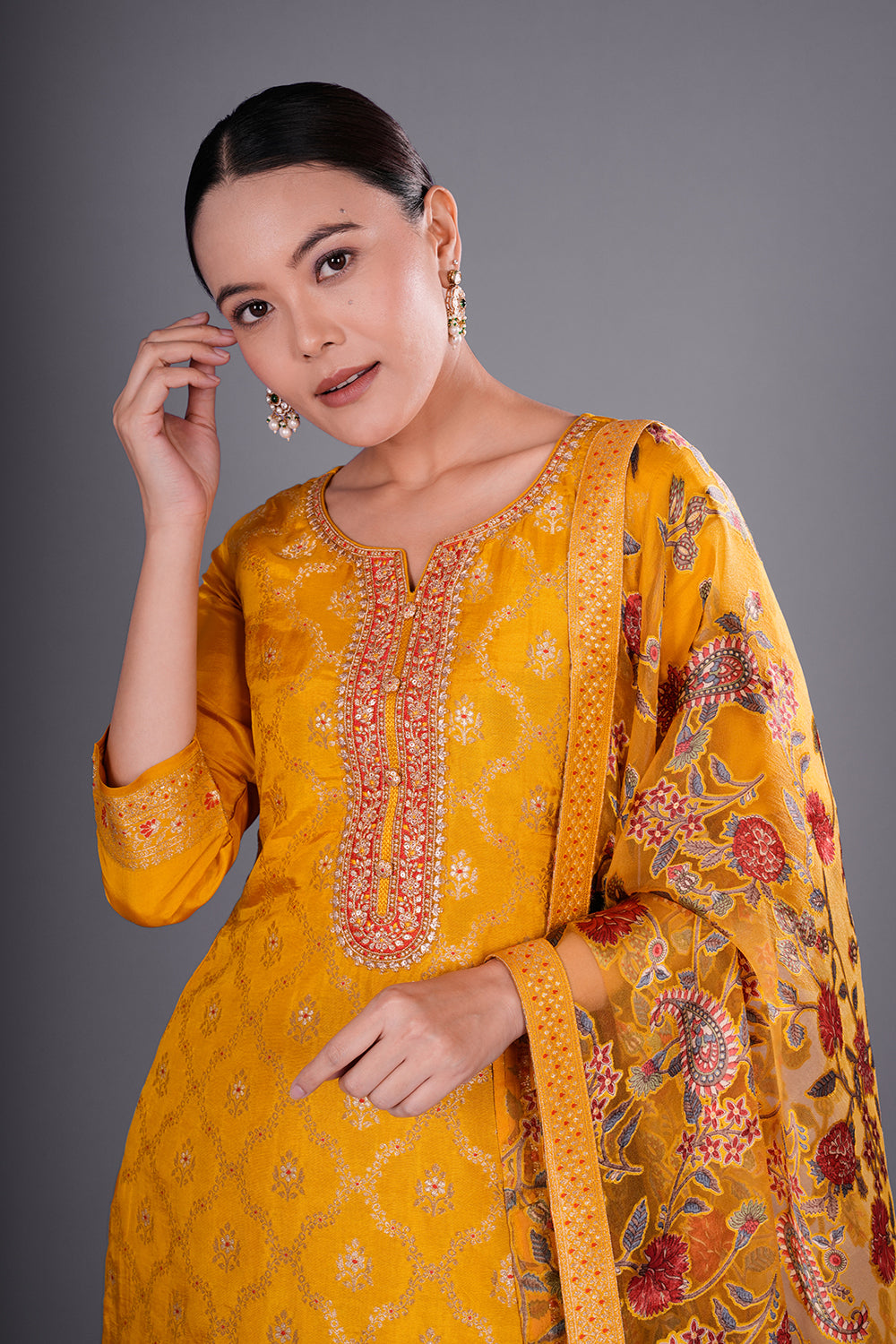 Mustard Pure Silk Banarasi Kurta Set with Resham Embroidery