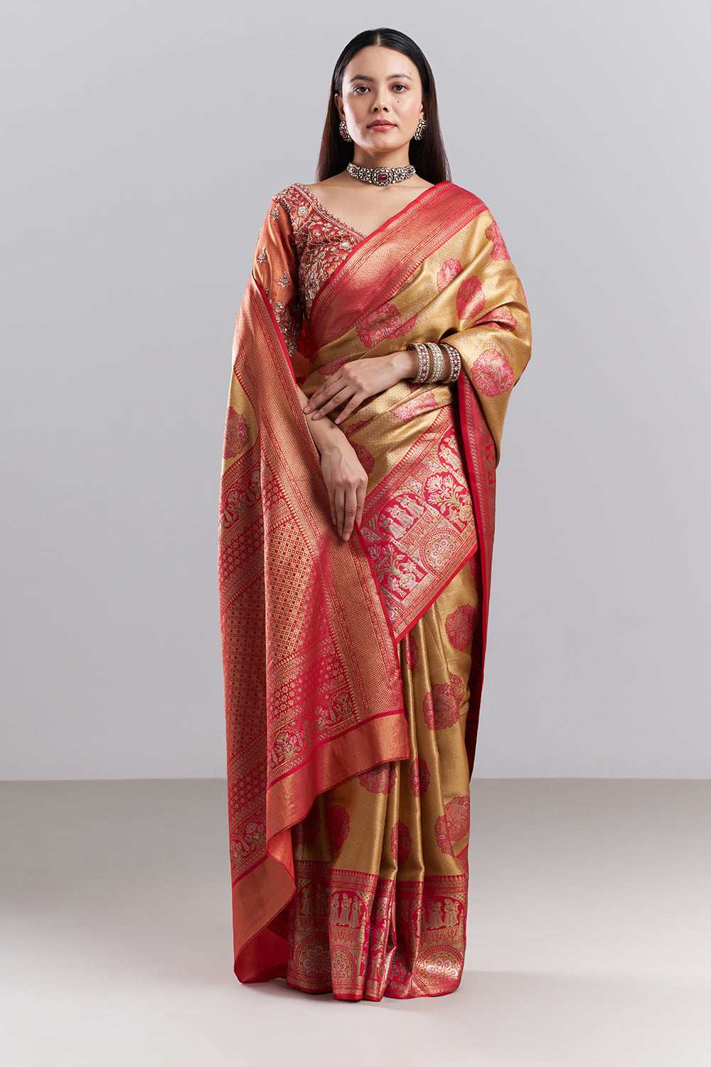 Mustard Red Banarasi Tissue Silk Printed Saree