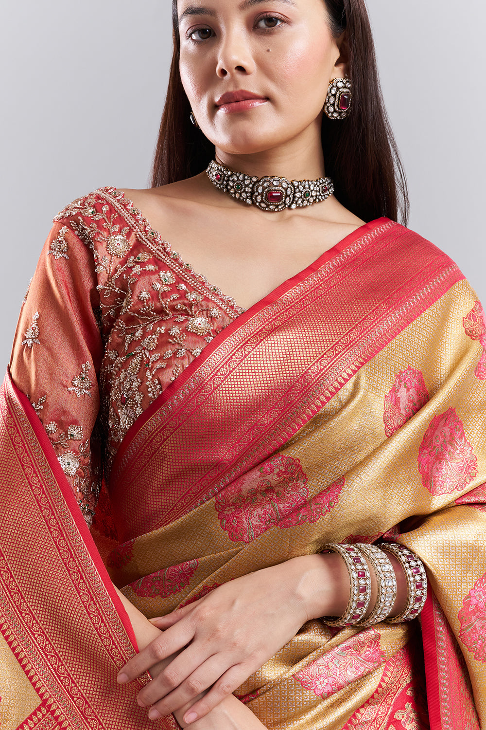 Mustard Red Banarasi Tissue Silk Printed Saree