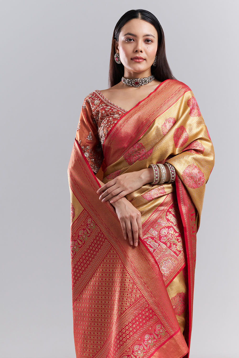 Mustard Red Banarasi Tissue Silk Printed Saree