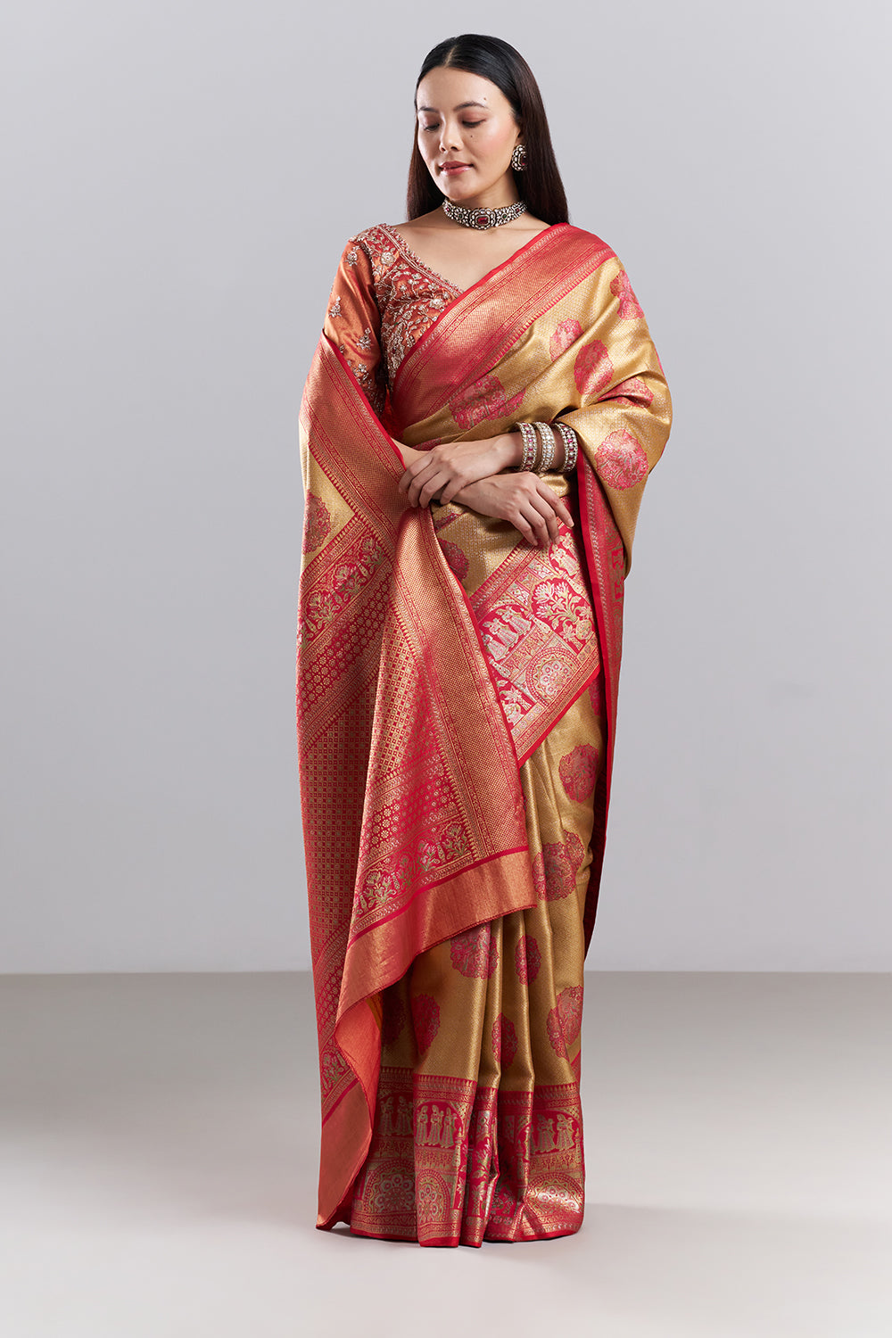 Mustard Red Banarasi Tissue Silk Printed Saree