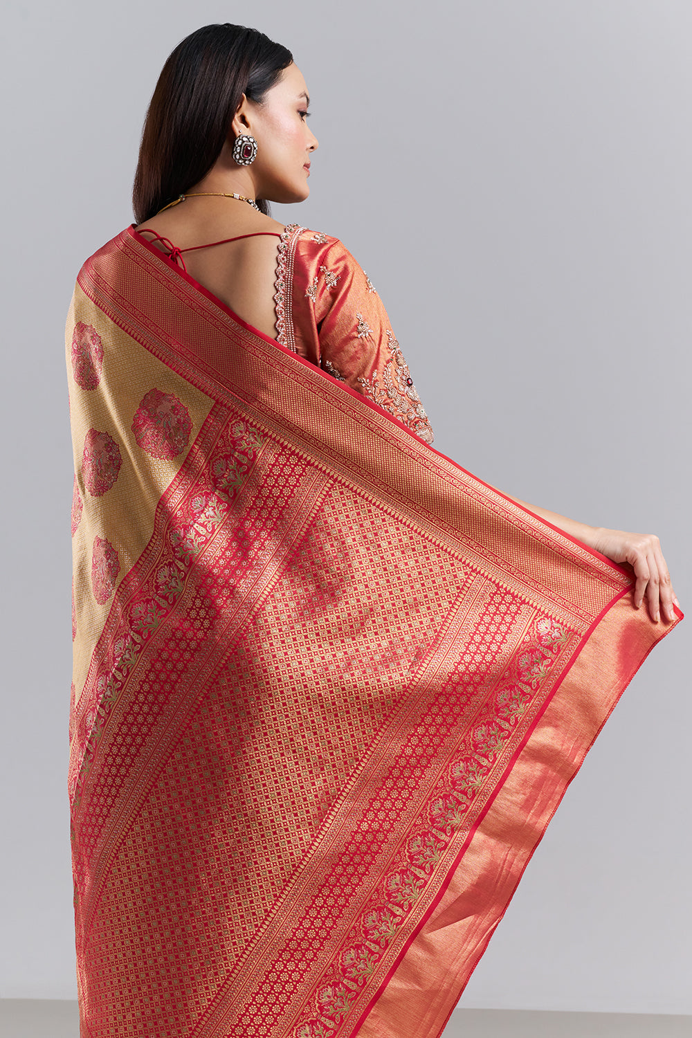 Mustard Red Banarasi Tissue Silk Printed Saree