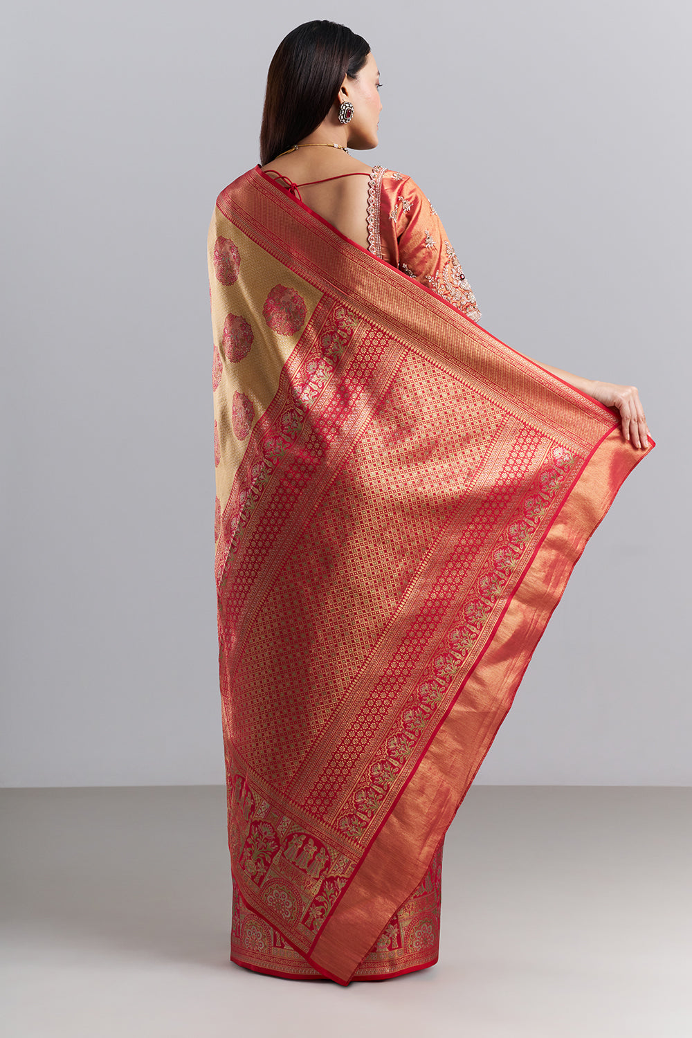 Mustard Red Banarasi Tissue Silk Printed Saree