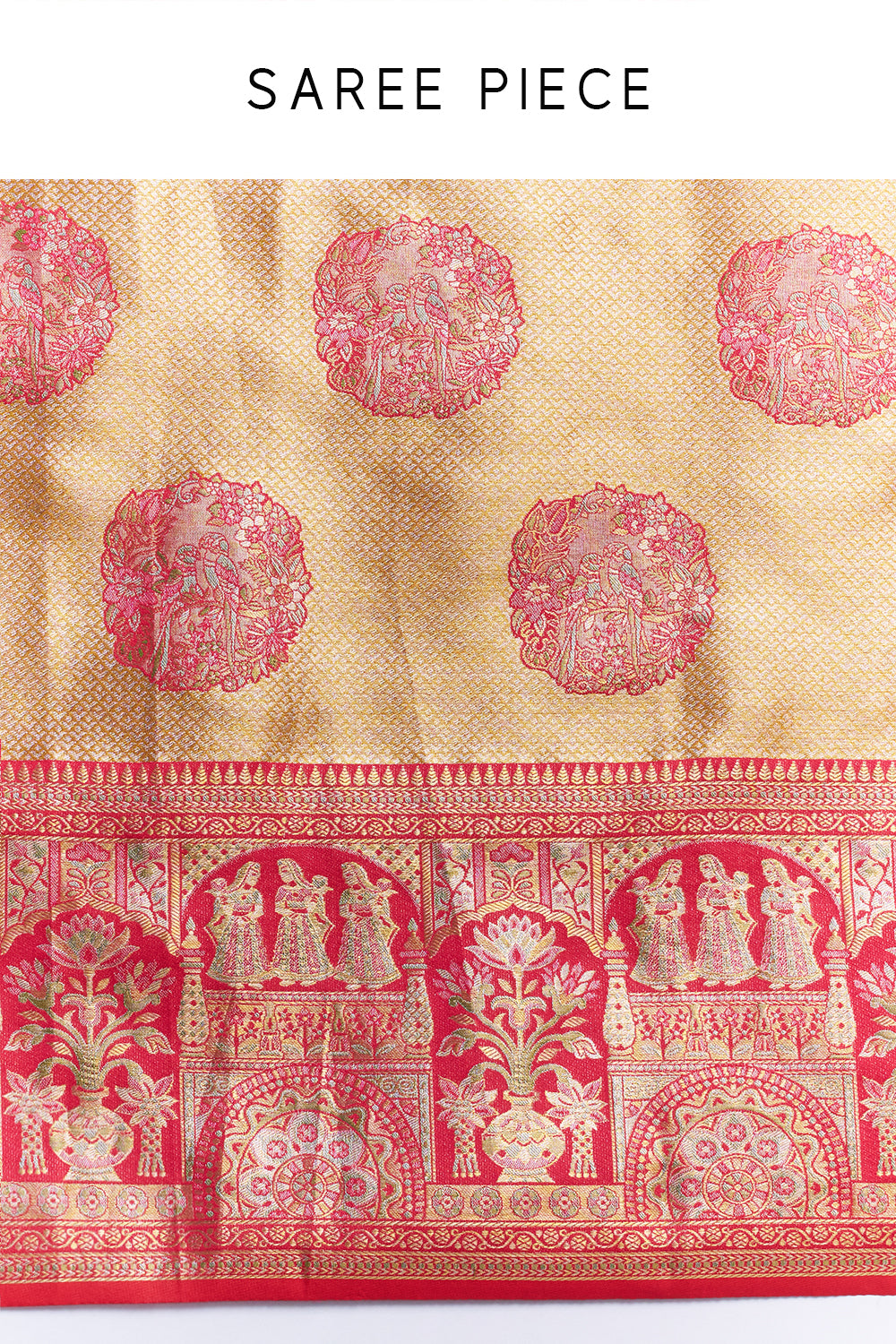 Mustard Red Banarasi Tissue Silk Printed Saree