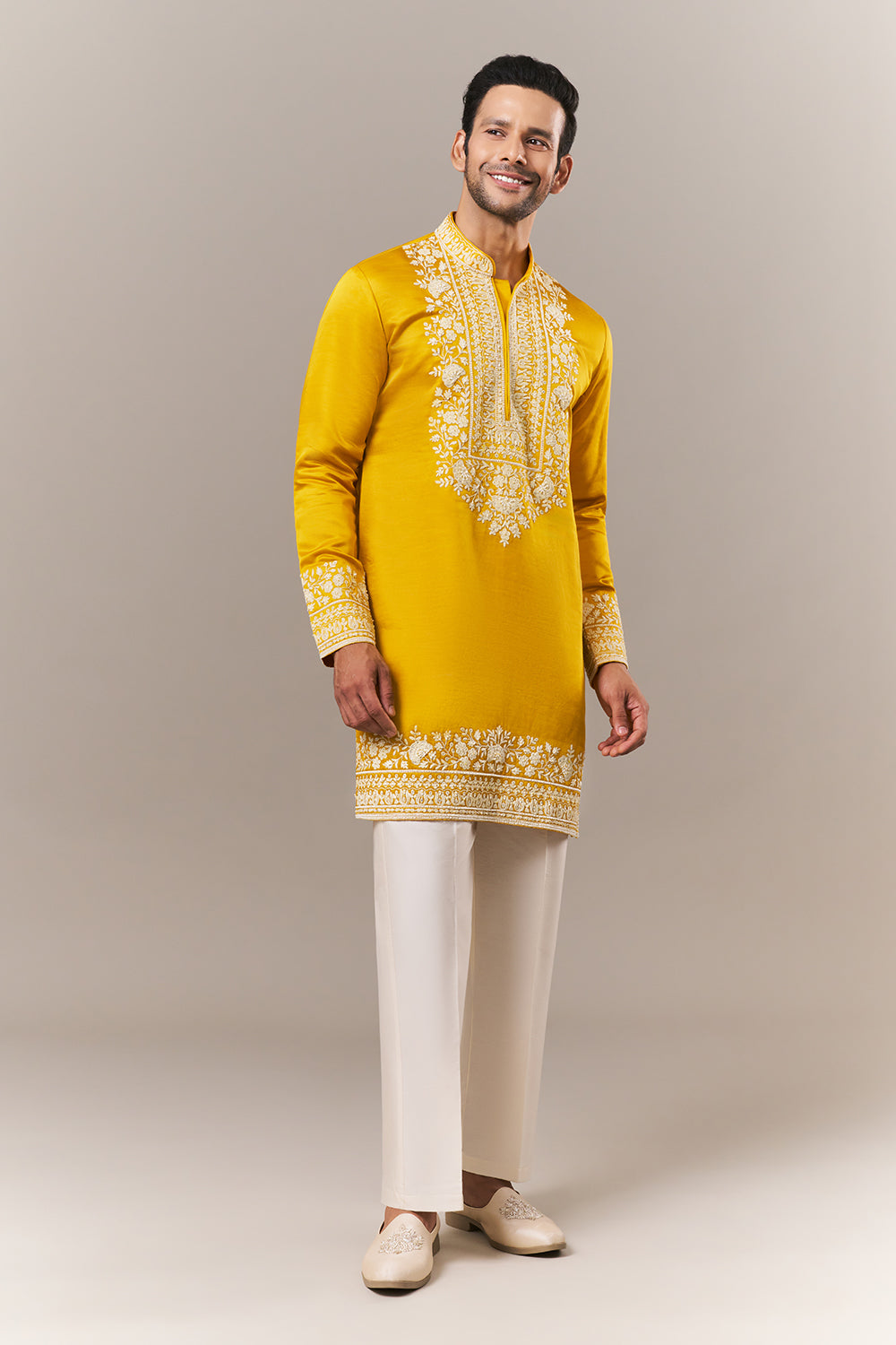 Mustard Satin Mens Kurta Set with Dori and Pearls Work