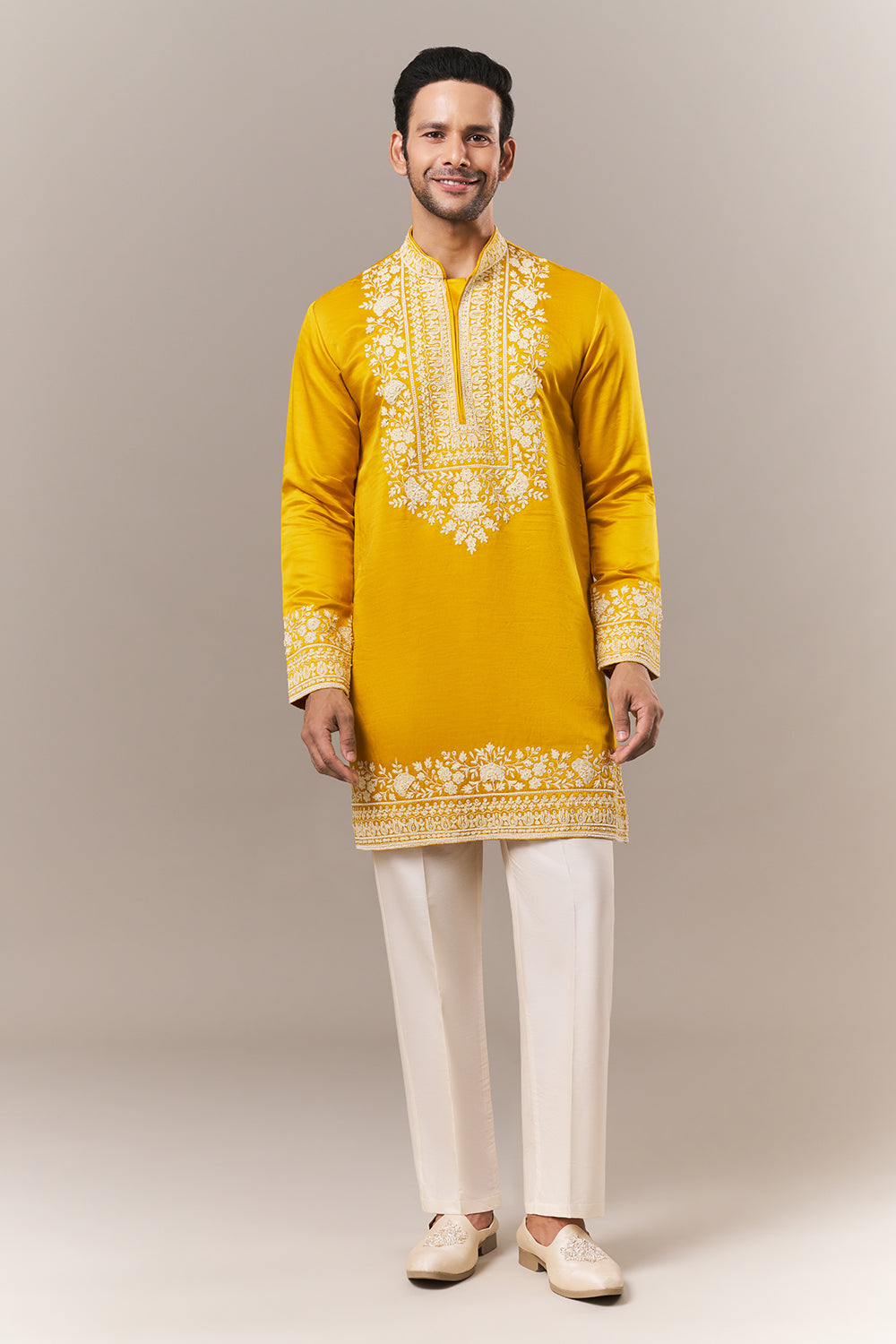 Mustard Satin Mens Kurta Set with Dori and Pearls Work