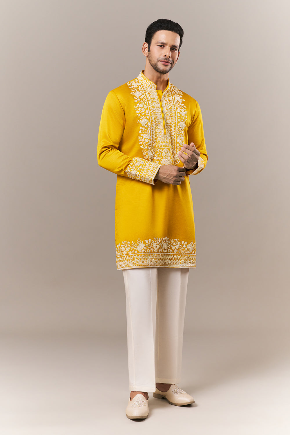 Mustard Satin Mens Kurta Set with Dori and Pearls Work