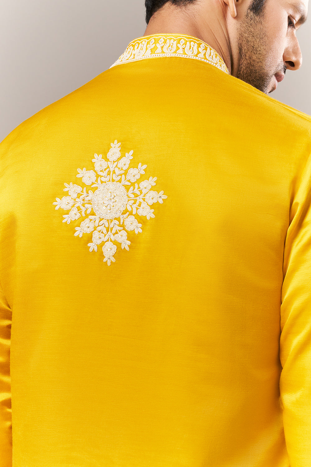 Mustard Satin Mens Kurta Set with Dori and Pearls Work